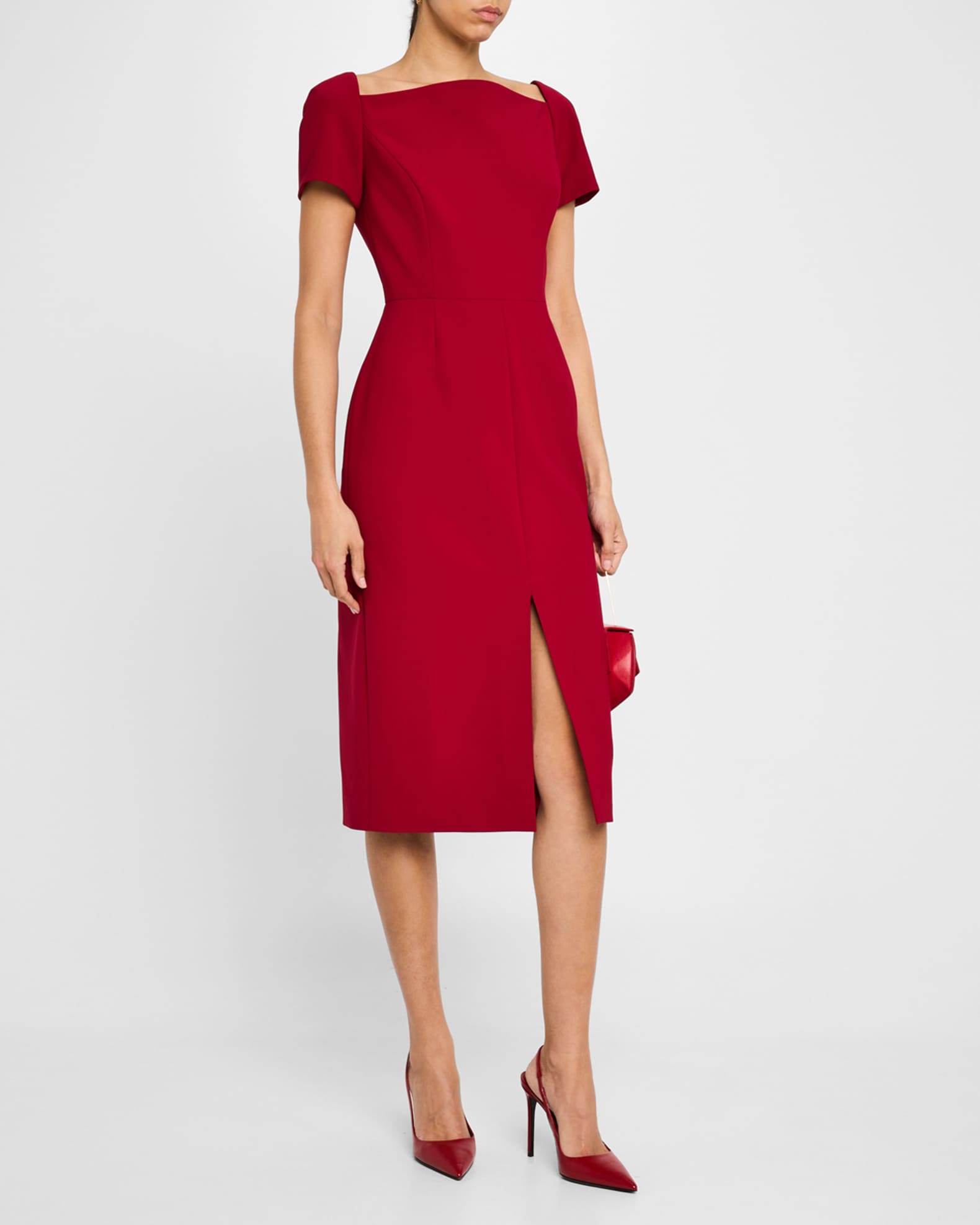 Curved-Neck Short-Sleeve Slit Midi Dress