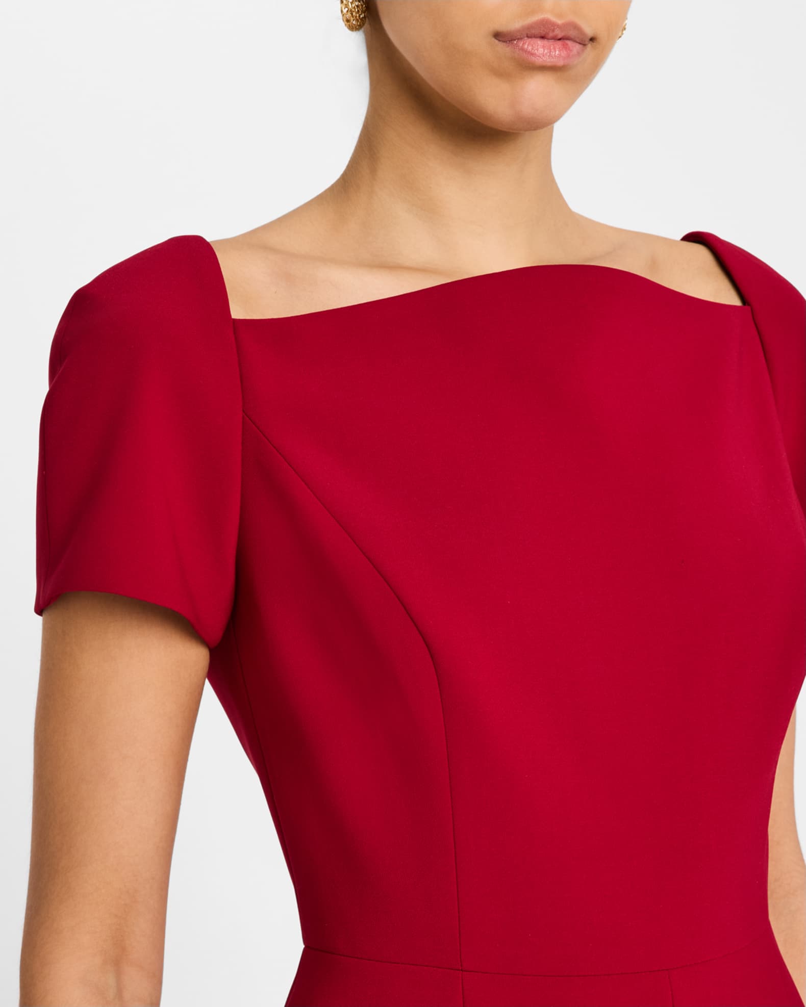 Curved-Neck Short-Sleeve Slit Midi Dress