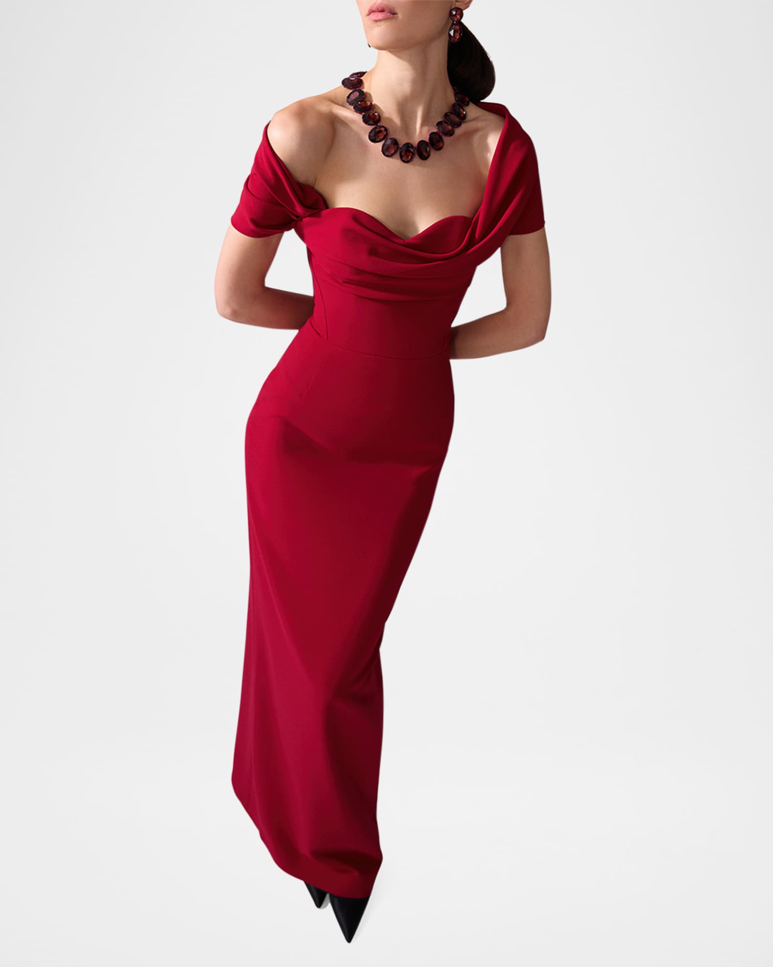 Draped Off Shoulder Column Gown