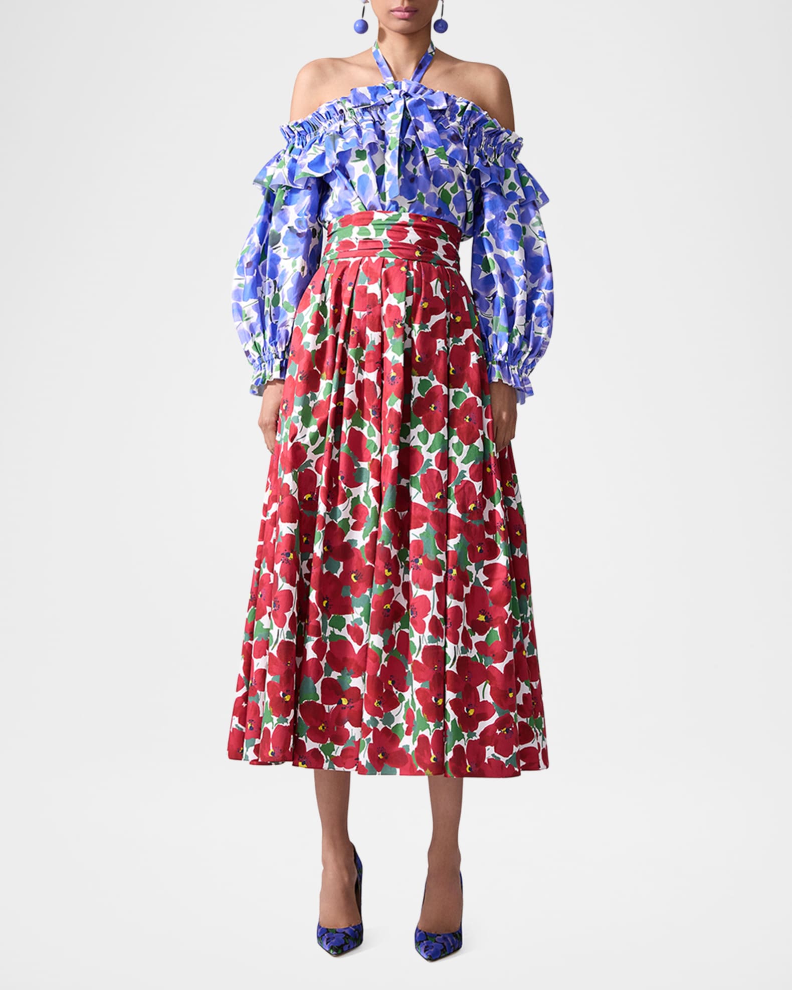Poppy-Print Halter Off-The-Shoulder Top 1
