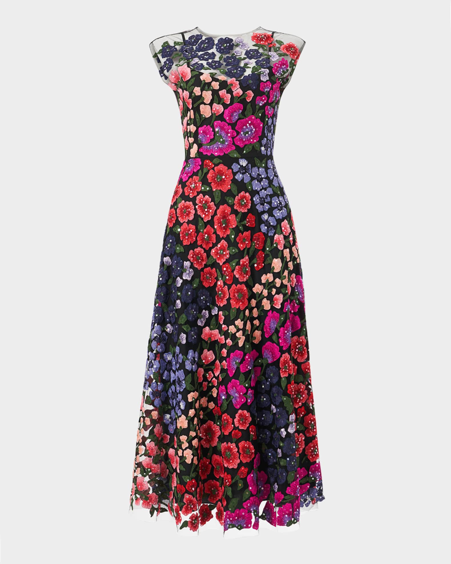 Floral Embroidered Cap Sleeve Midi Dress