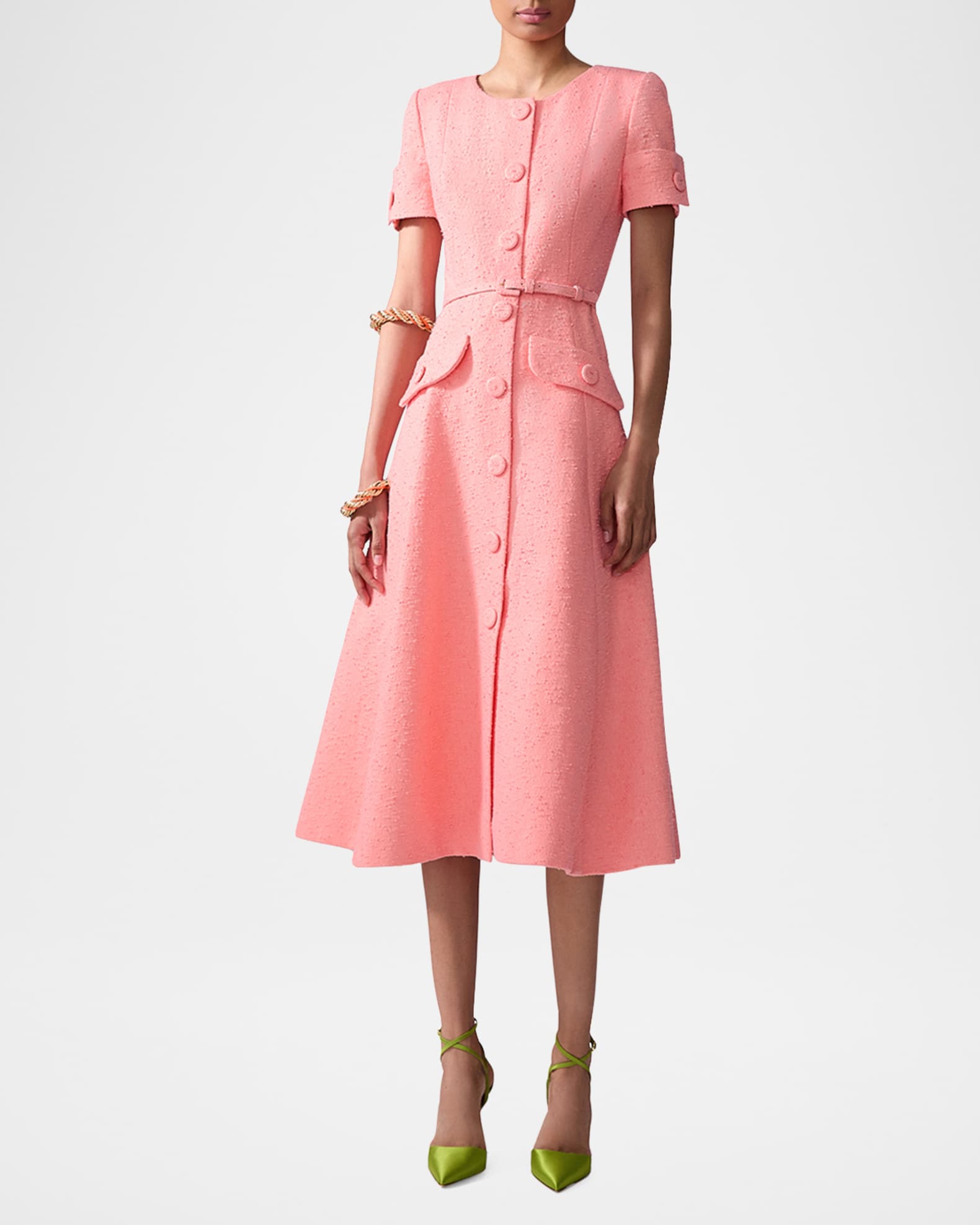 Short-Sleeve Button-Front Boucle Midi Dress With Belt 1