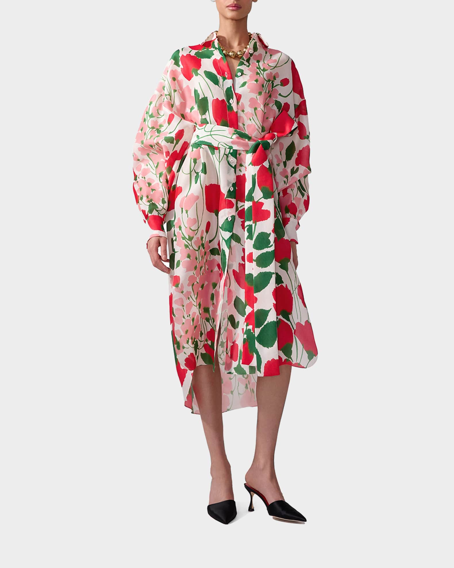 Rose Print Oversized Self-Belt Midi Shirt Dress 1