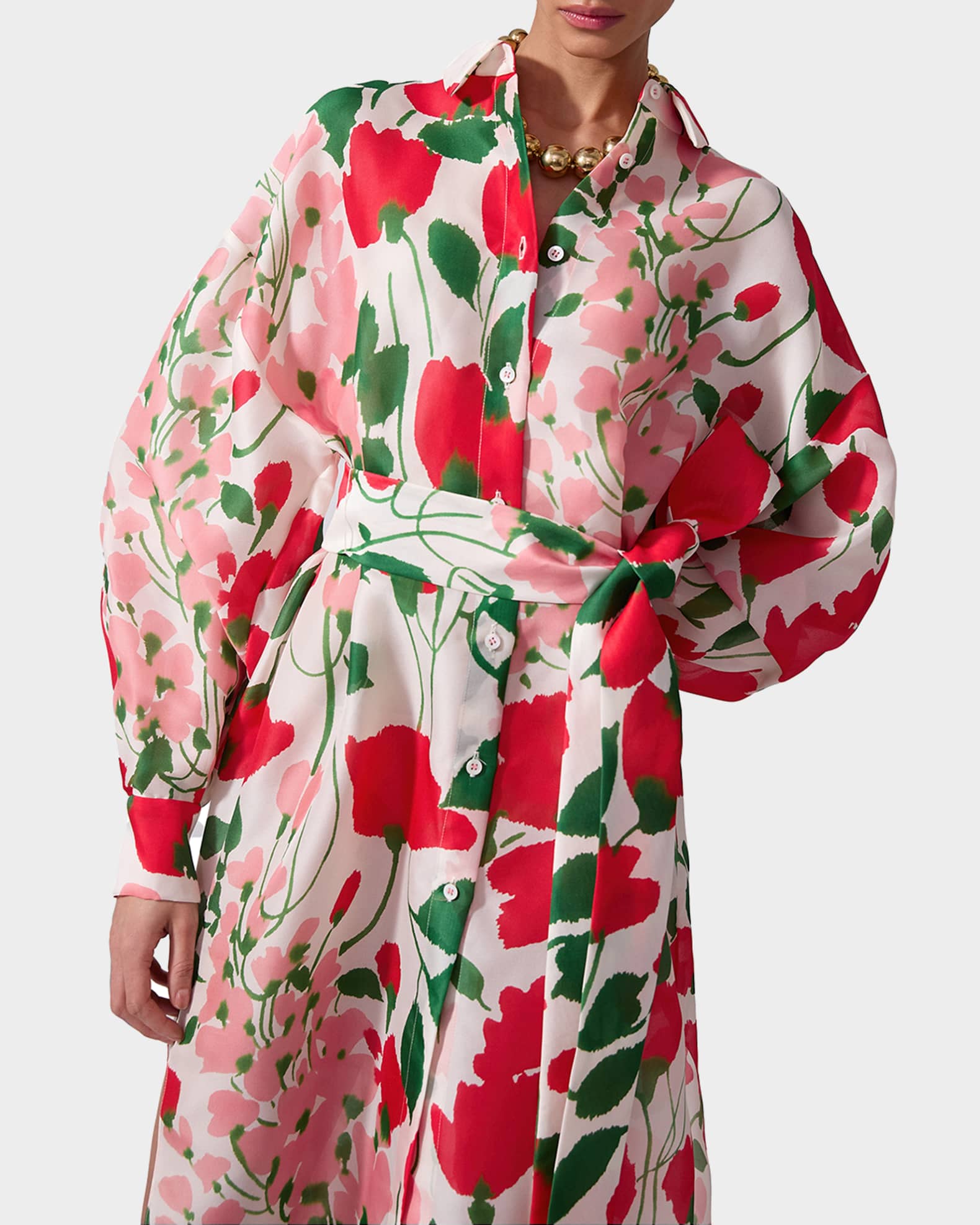 Carolina Herrera Rose Print Oversized Self-Belt Midi Shirt Dress | Neiman  Marcus