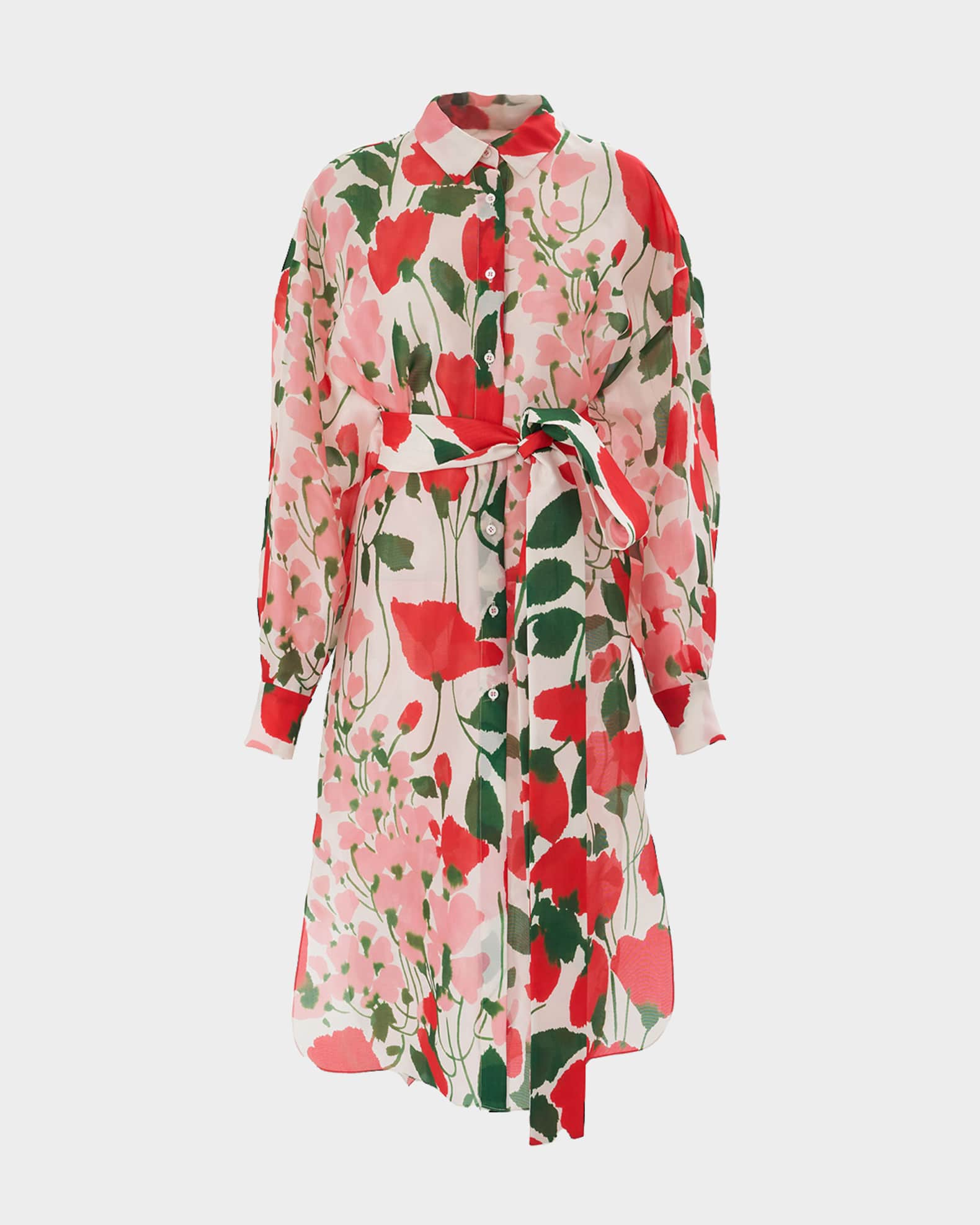 Carolina Herrera Oversize Floral Long Sleeve Belted Silk Shirtdress White Multi