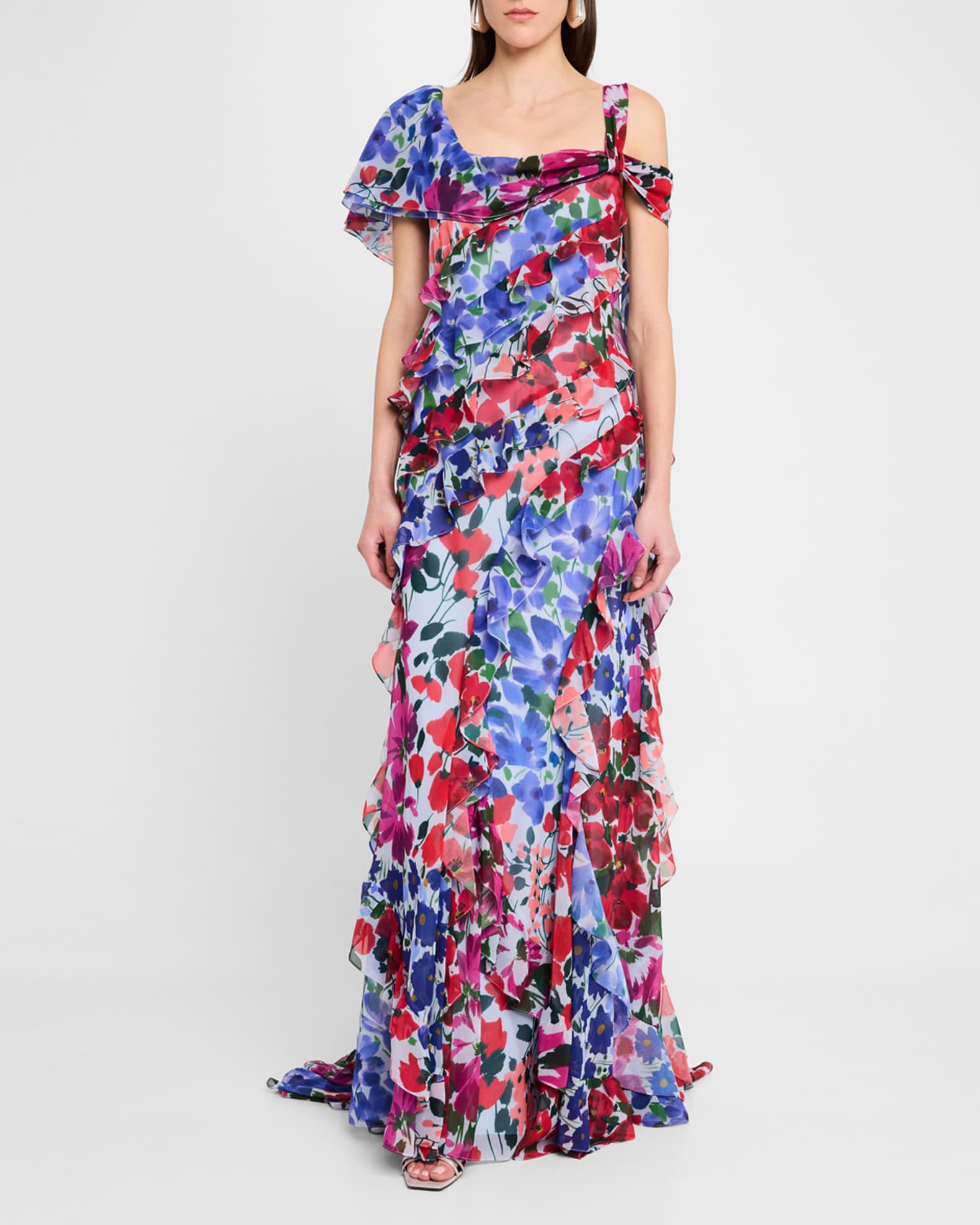 One-Shoulder Multi-Floral Ruffle Gown 1