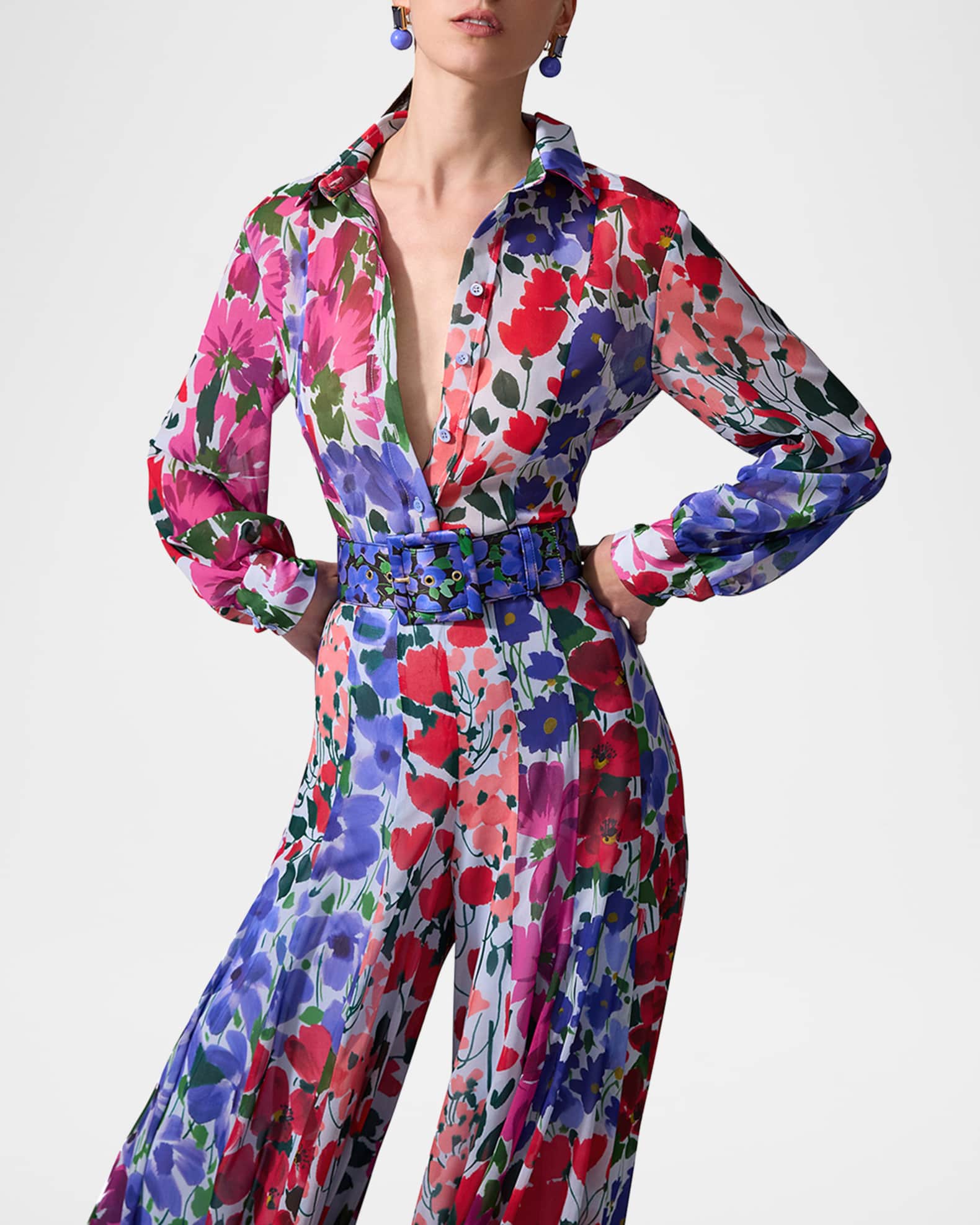 Carolina Herrera Multi-Floral Print Chiffon Classic Blouse