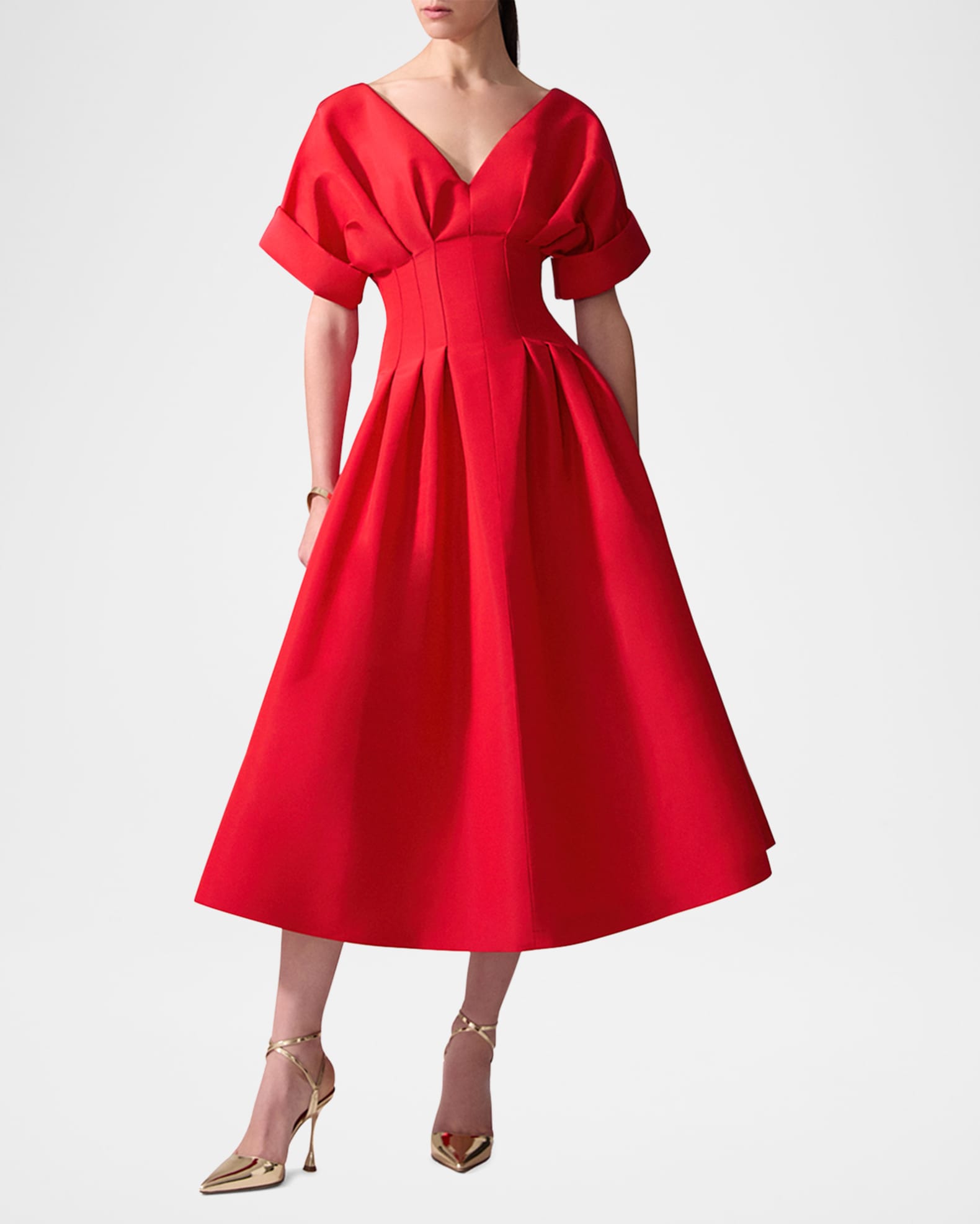 Pleated V Neck Midi Fit Flare Dress