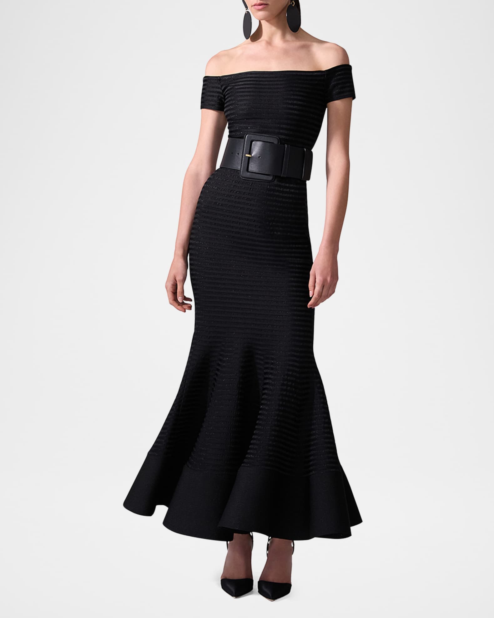 Metallic Striped Off-The-Shoulder Trumpet Gown 1