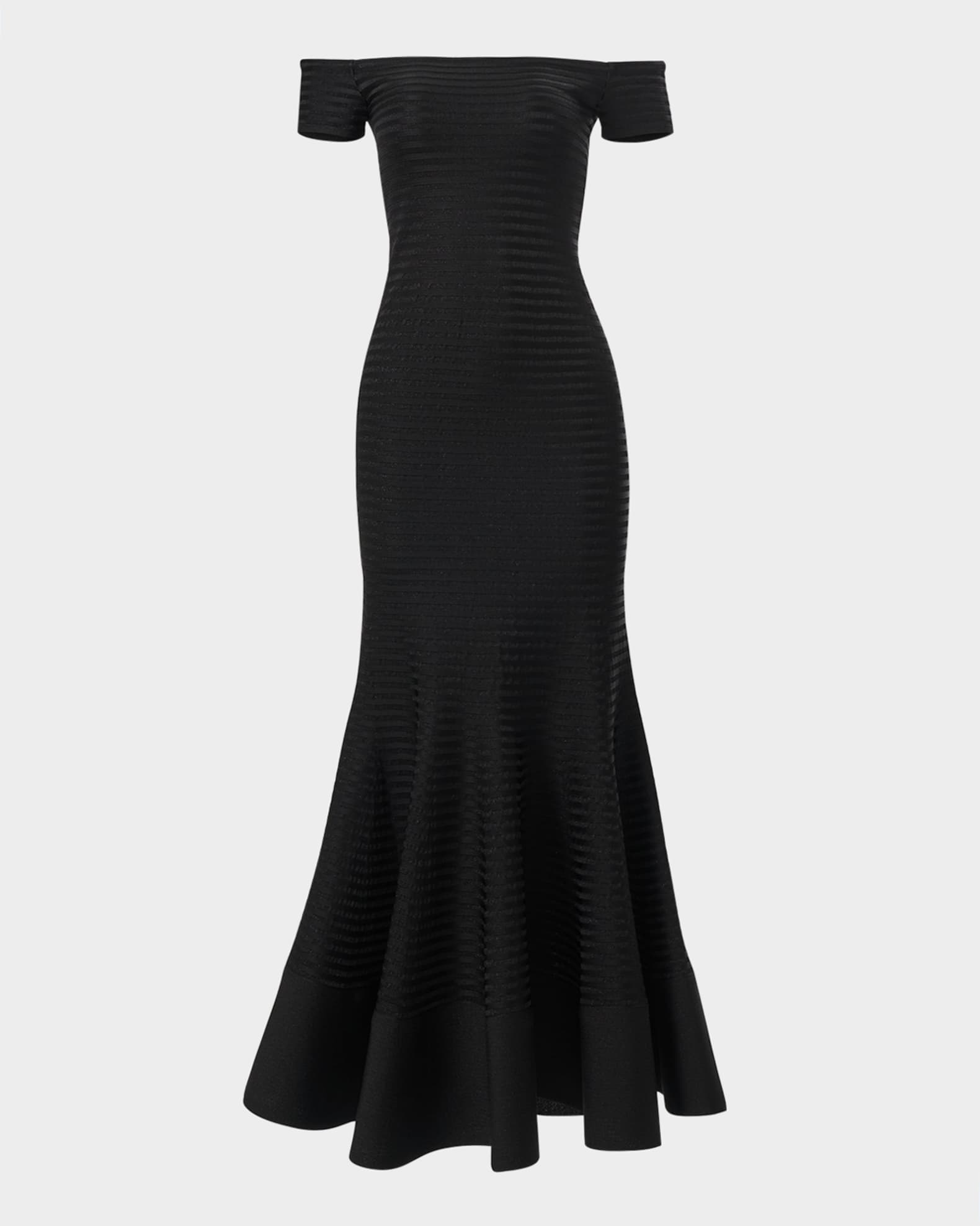 Metallic Striped Off-The-Shoulder Trumpet Gown 0