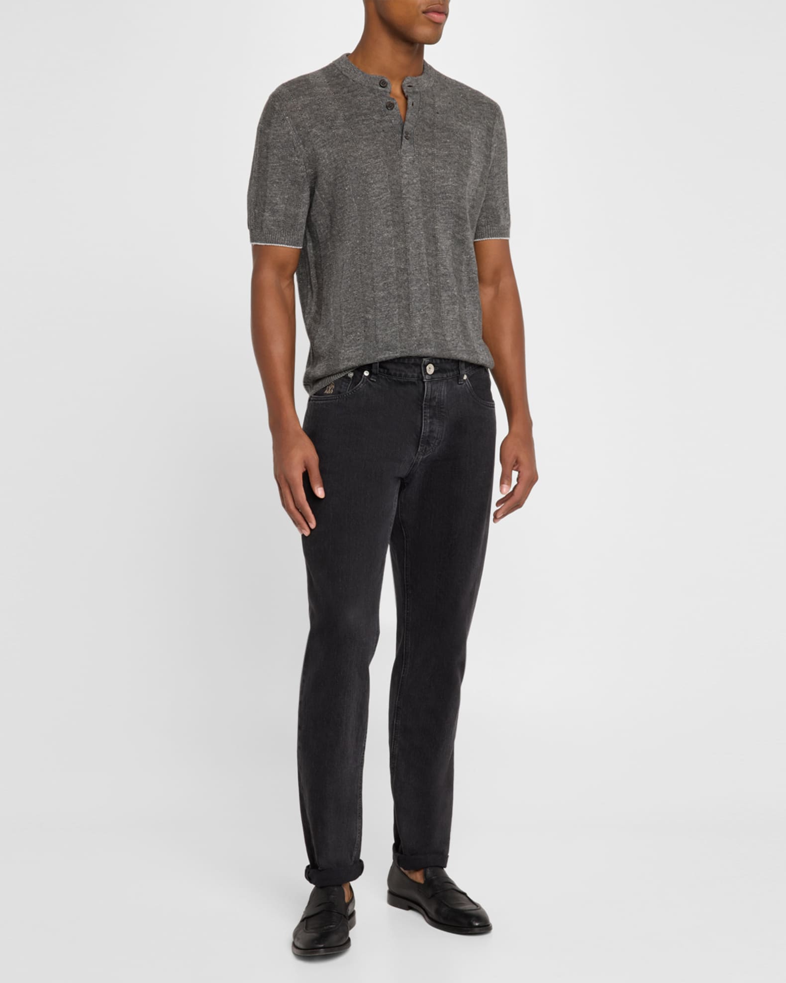 Men's Linen and Cotton Henley Short-Sleeve Sweater - Thumbnail 2