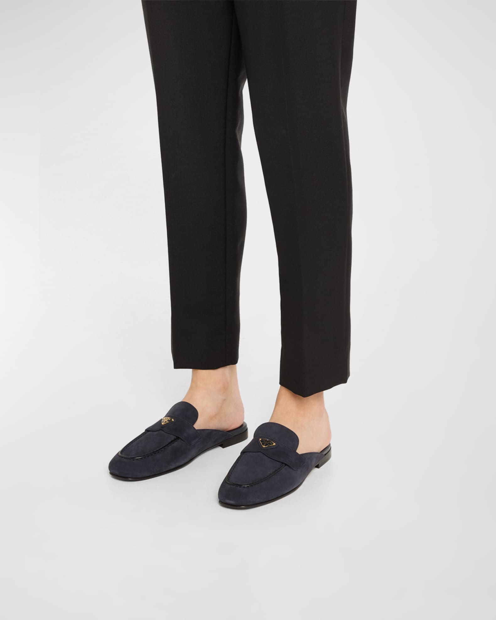 Prada Logo Suede Loafer Mules | Neiman Marcus