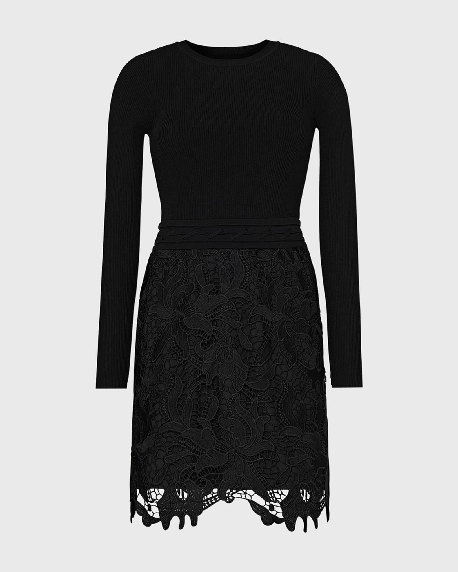 Katie Ribbed Knit & Floral Lace Mini Dress 0