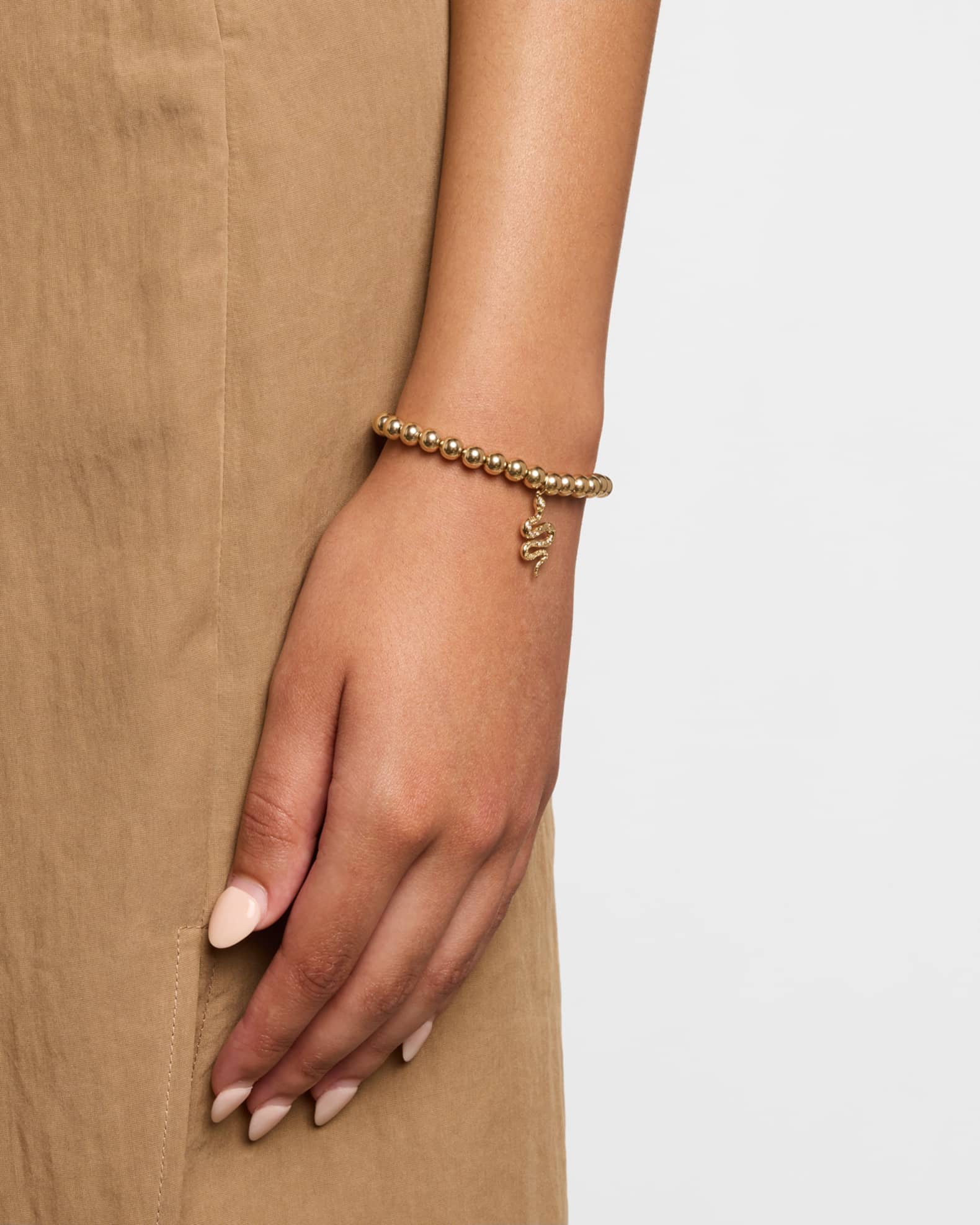 14K Yellow Gold Etched Snake Charm Bead Bracelet 1