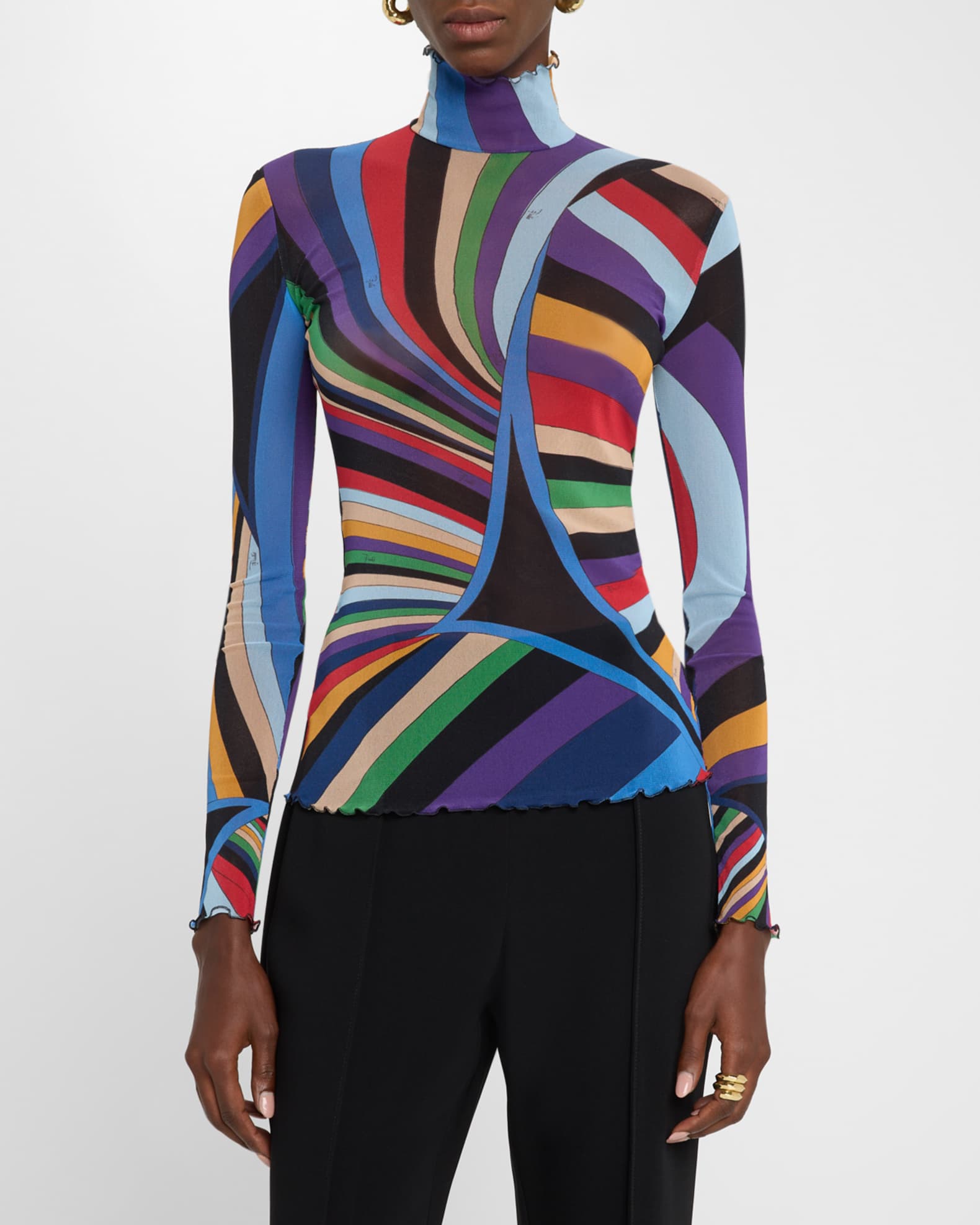 Turtleneck Iride Print Tulle Long Sleeve T Shirt