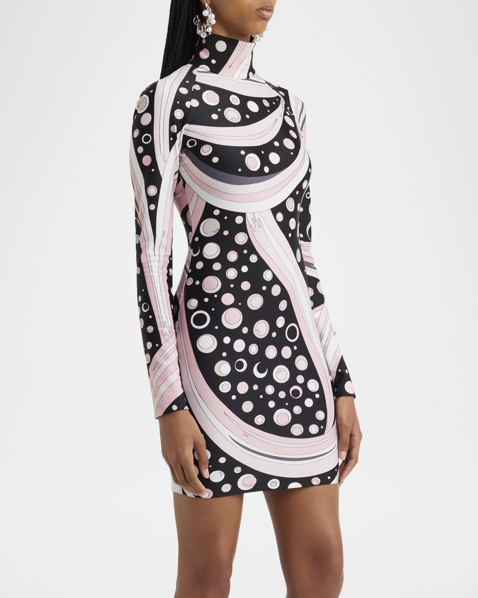 Turtleneck Long-Sleeve Printed Mini Dress