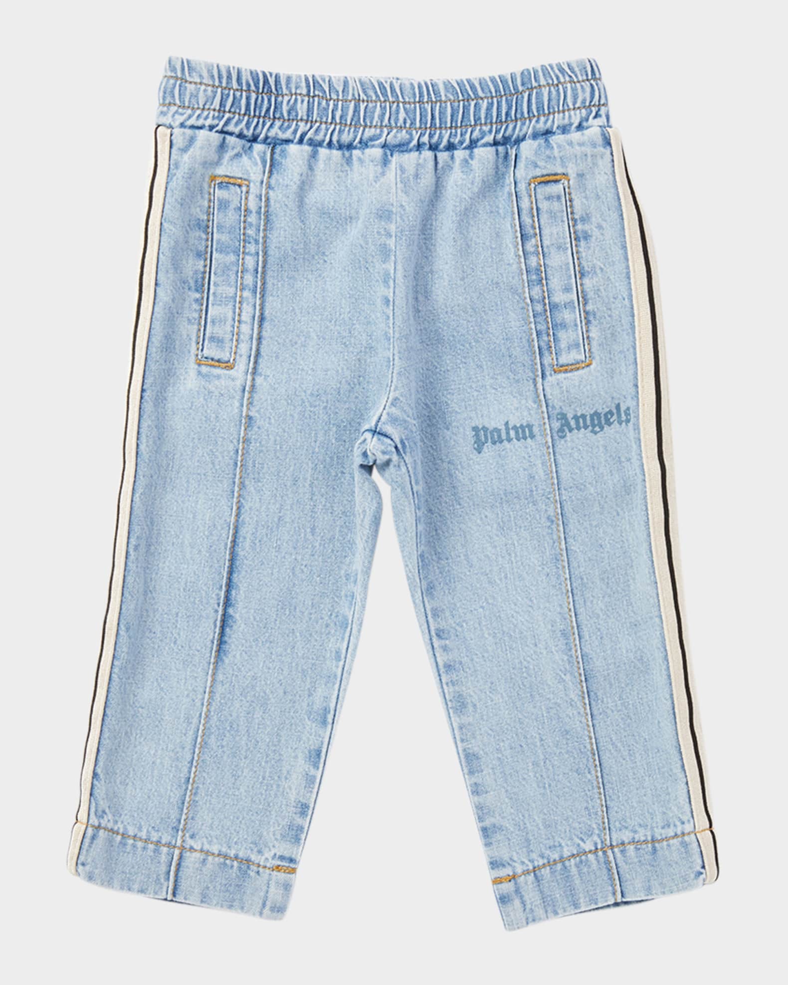 Boy's Striped-Trim Logo-Print Chambray Pants, Size 3M-3 0