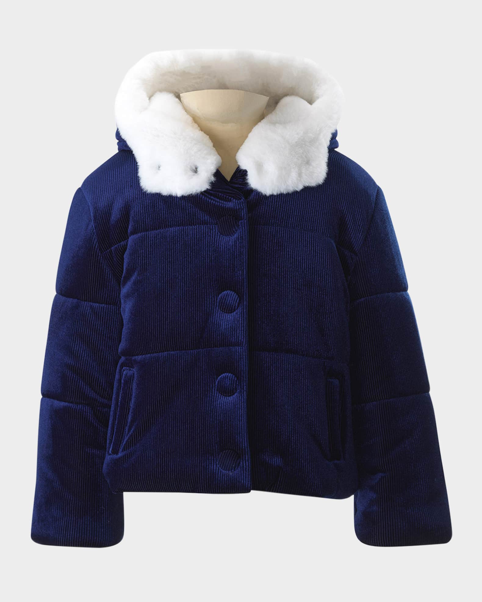 Rachel Riley Girl's Faux Fur Trim Ribbed Hooded Puffer Jacket, Size 2 ...
