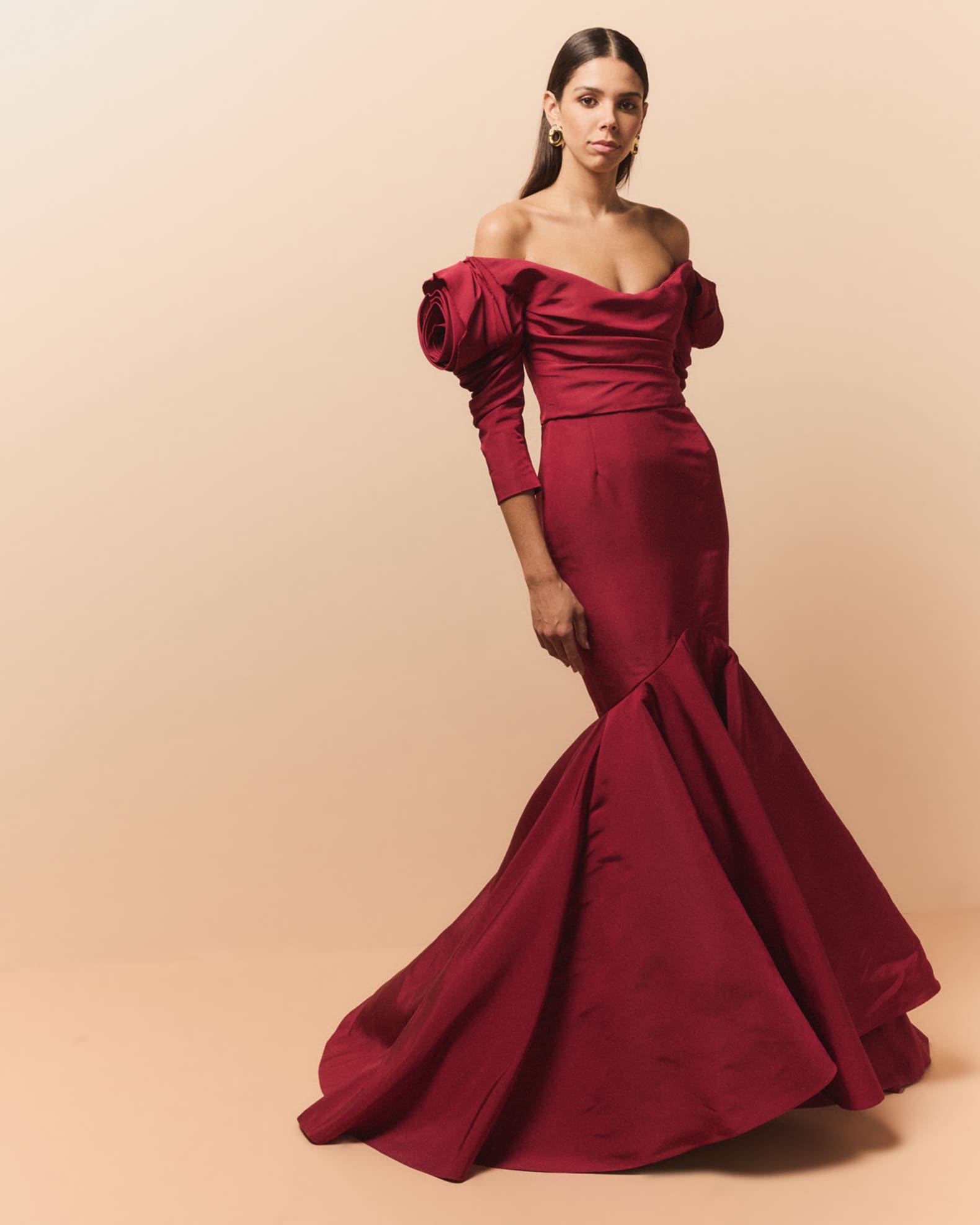 Rose Off The Shoulder Silk Faille Fishtail Gown