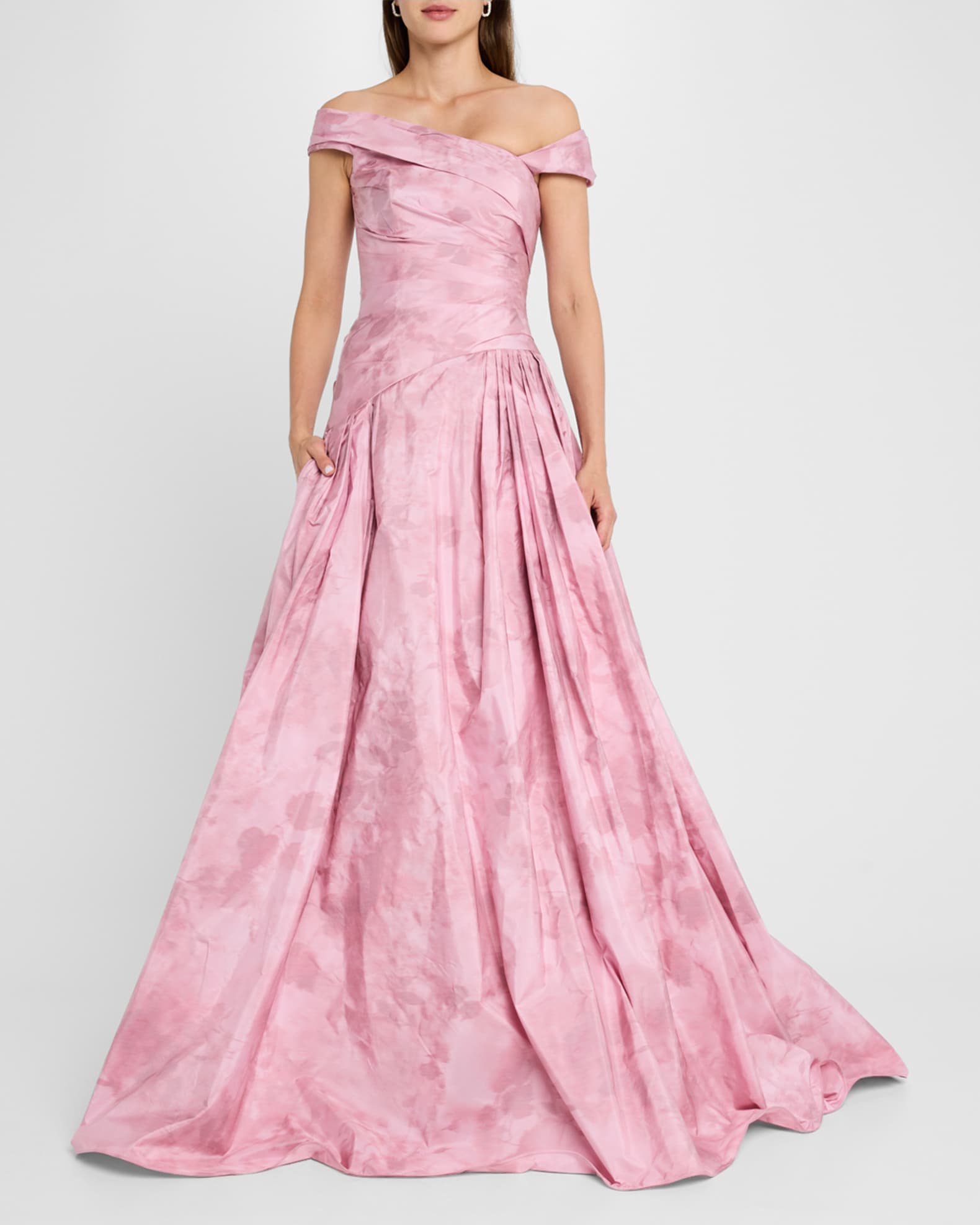 Off The Shoulder Floral Taffeta Asymmetrical Gown