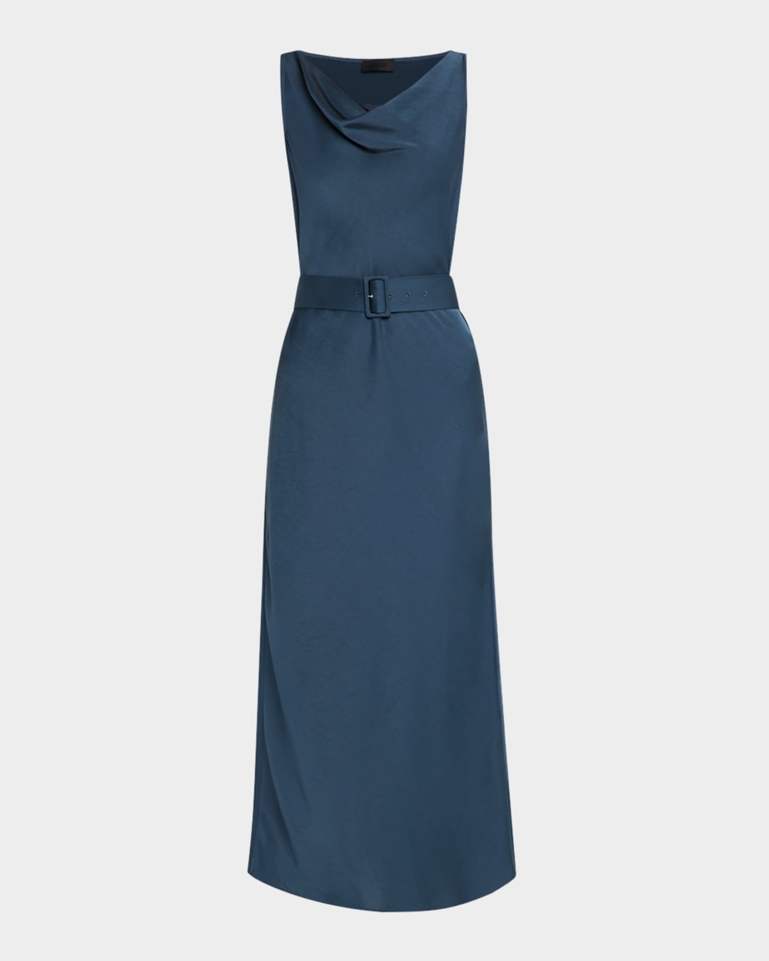 Cowl-Neck Belted Satin Midi Dress 0
