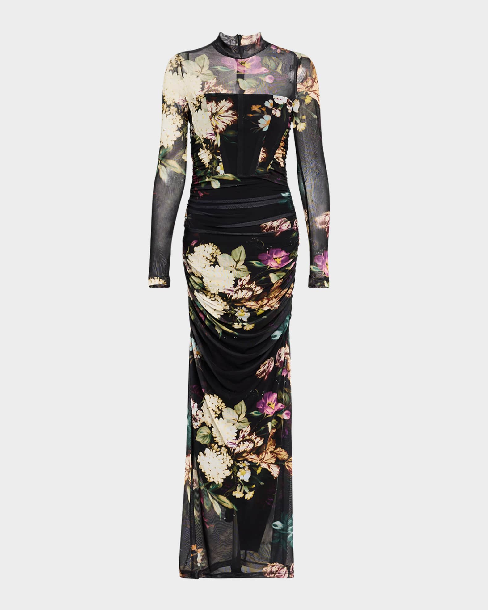 Lexington Ruched Floral-Print Mesh Gown