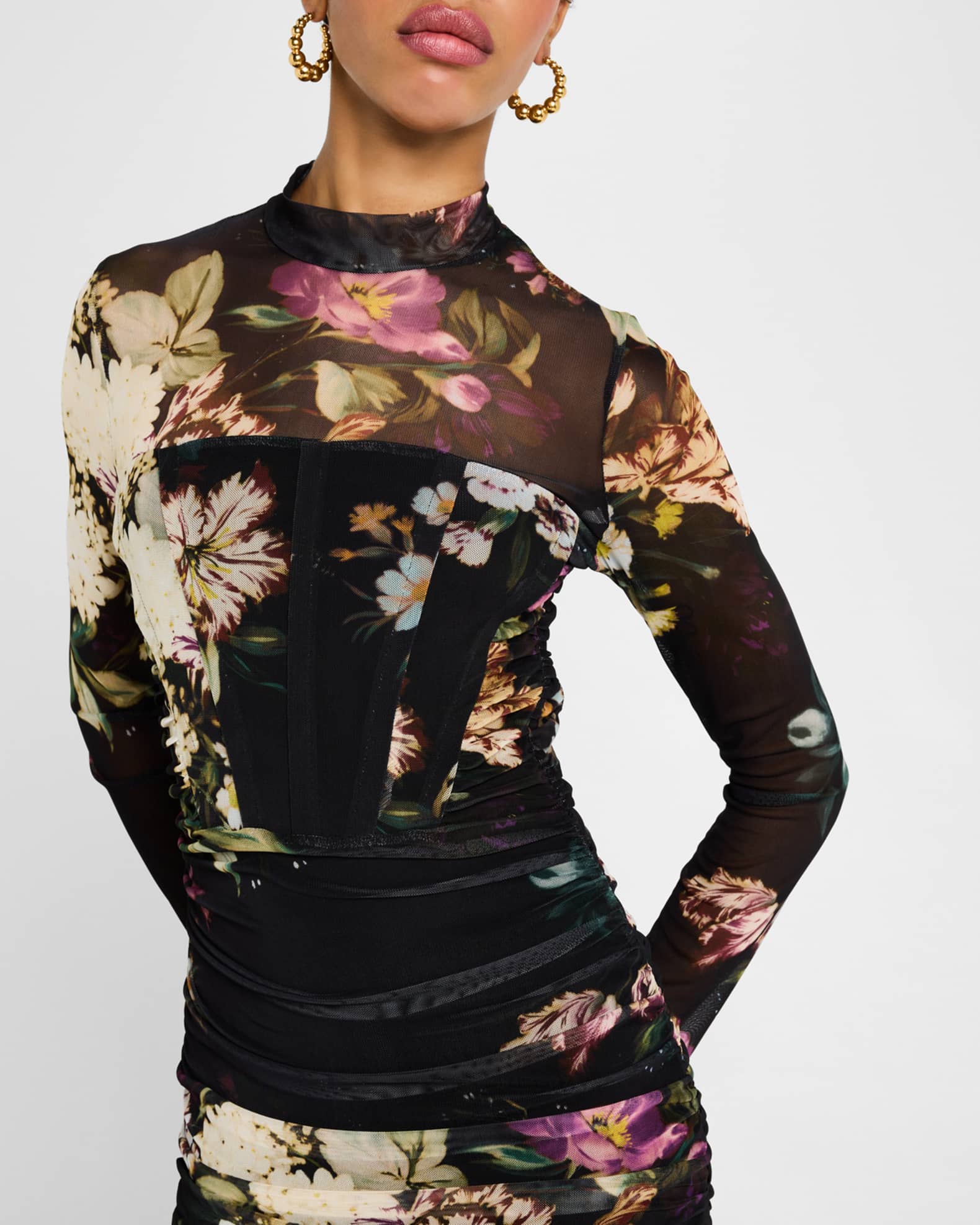 Lexington Ruched Floral-Print Mesh Gown