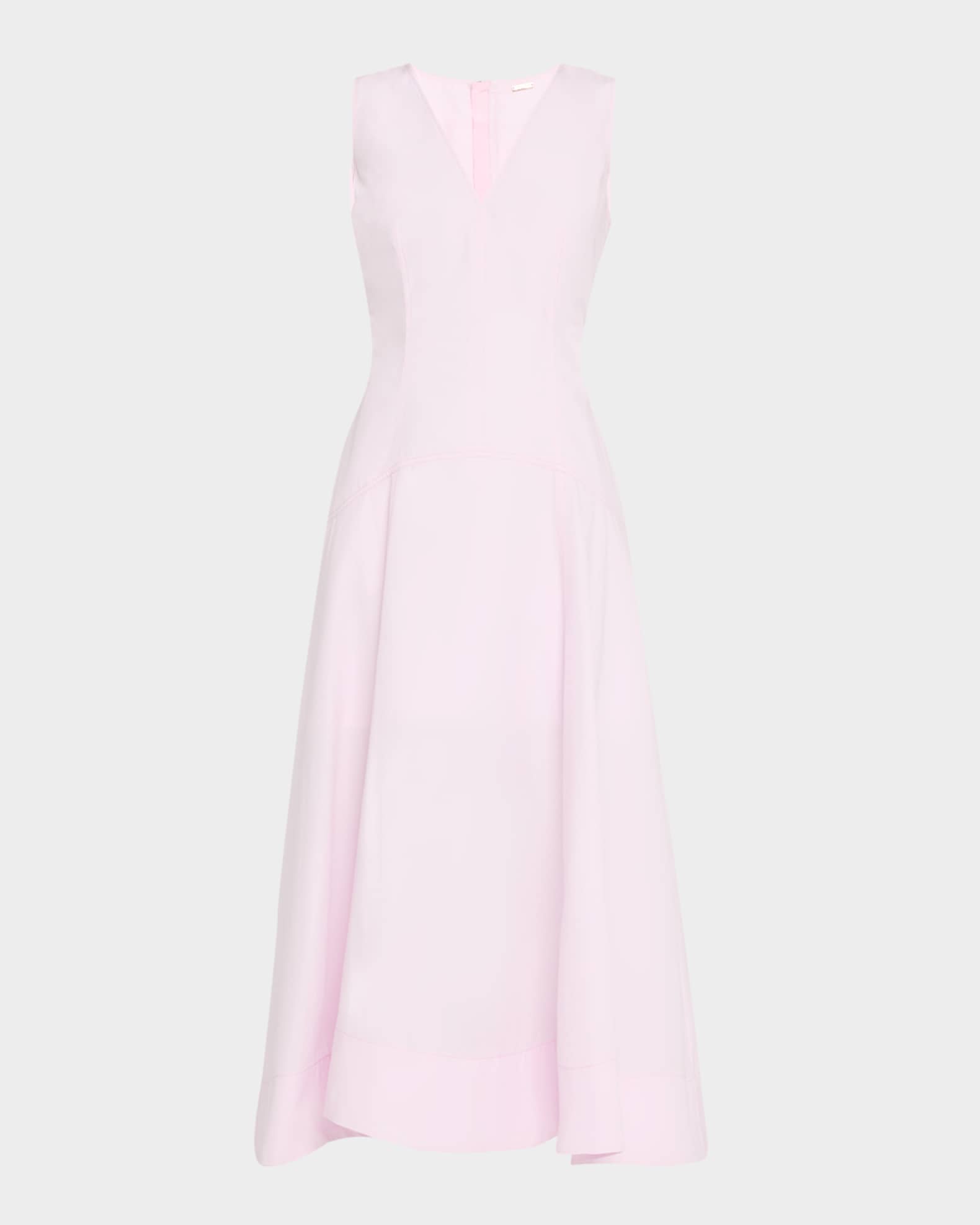 V-Neck Drop Waist Cotton Poplin Midi Dress 0