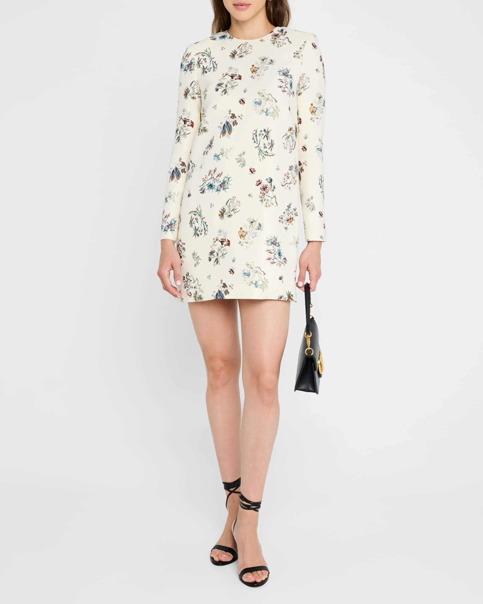 Floral-Print Long-Sleeve Silk Wool Mini Dress 1
