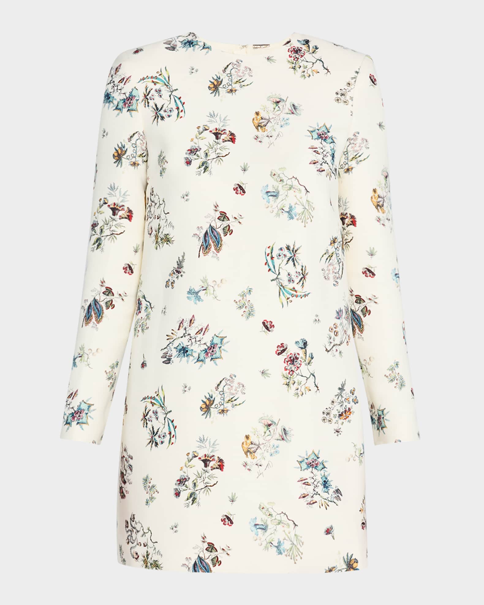 Floral-Print Long-Sleeve Silk Wool Mini Dress 0