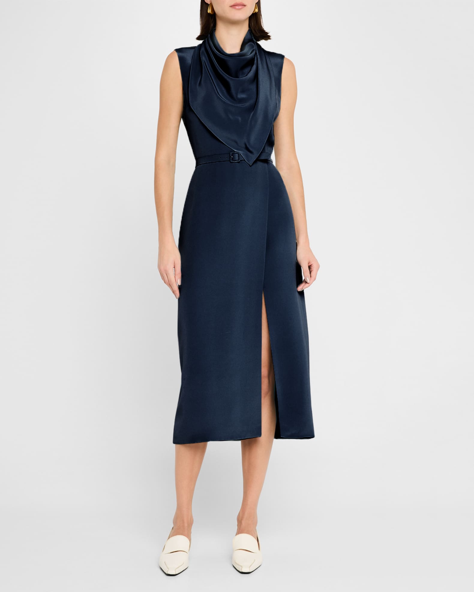 Scarf Drape Silk Crepe Midi Dress With Belt 1
