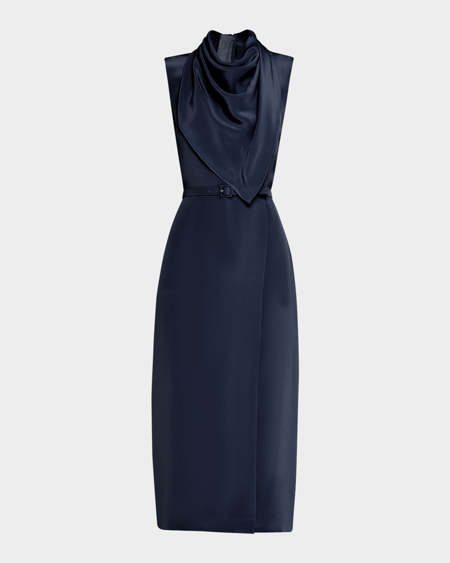 Scarf Drape Silk Crepe Midi Dress With Belt 0