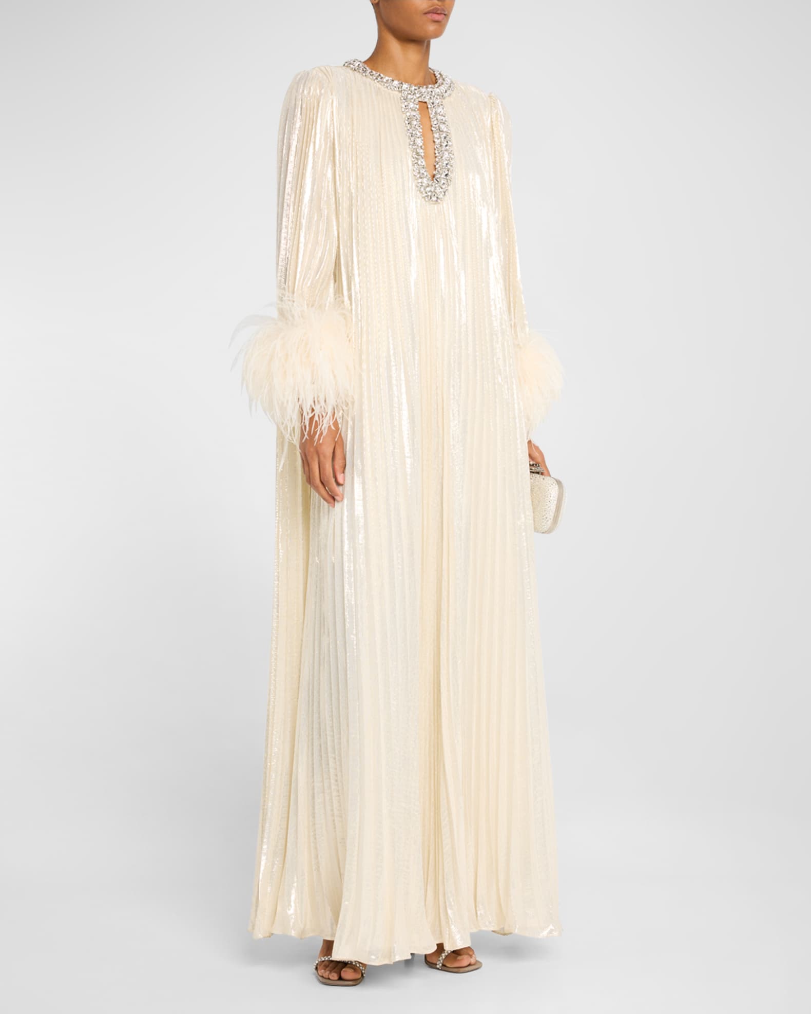 Self Portrait Pleated Metallic Feather Cuff Maxi Dress Neiman Marcus
