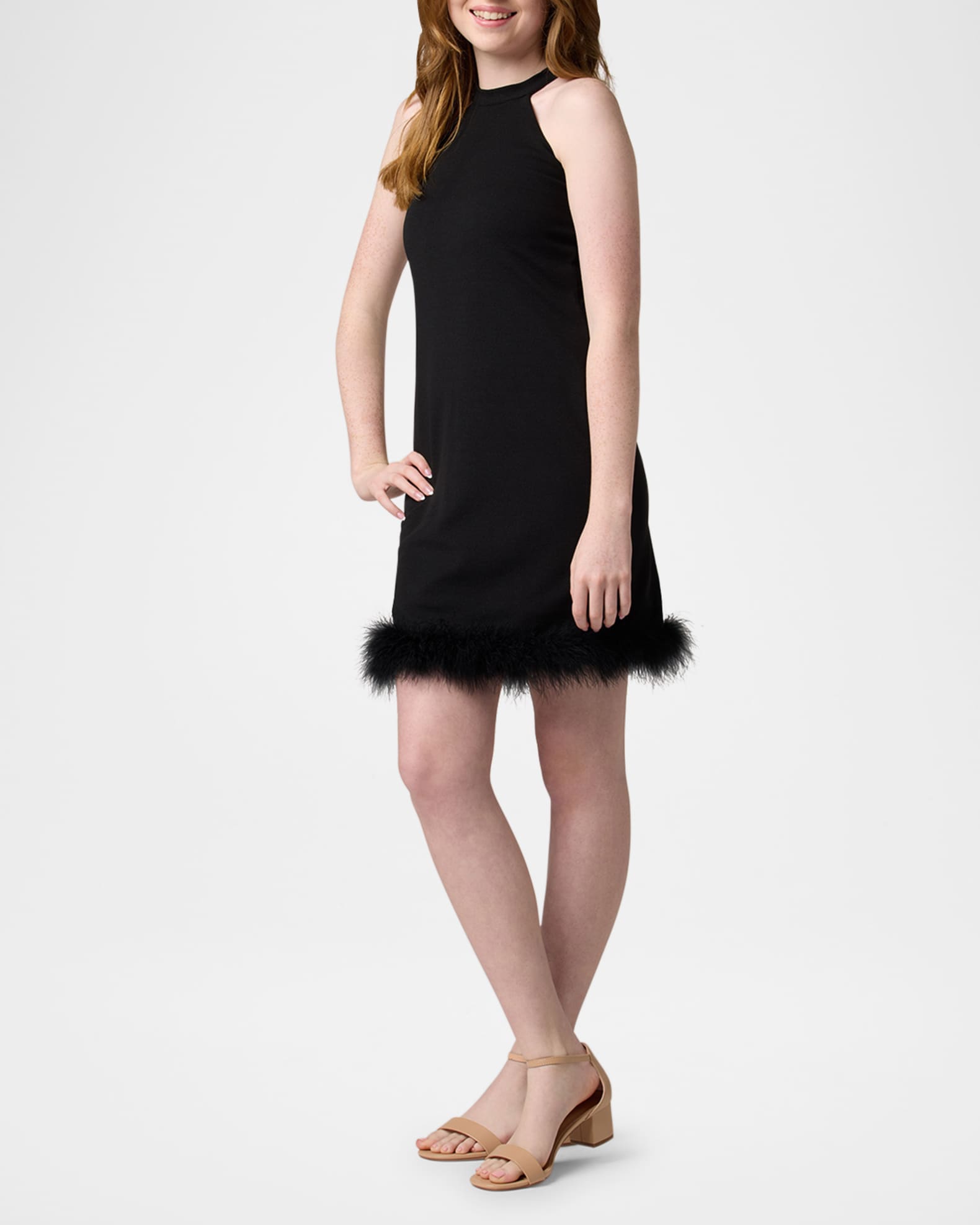 Girl's Halter Faux Feather Trim Dress, Size 7-16 1