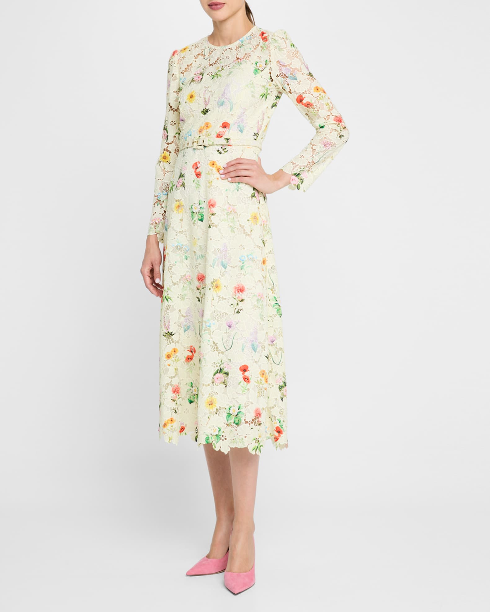 Printed Lace Long-Sleeve Belted Midi Dress 1