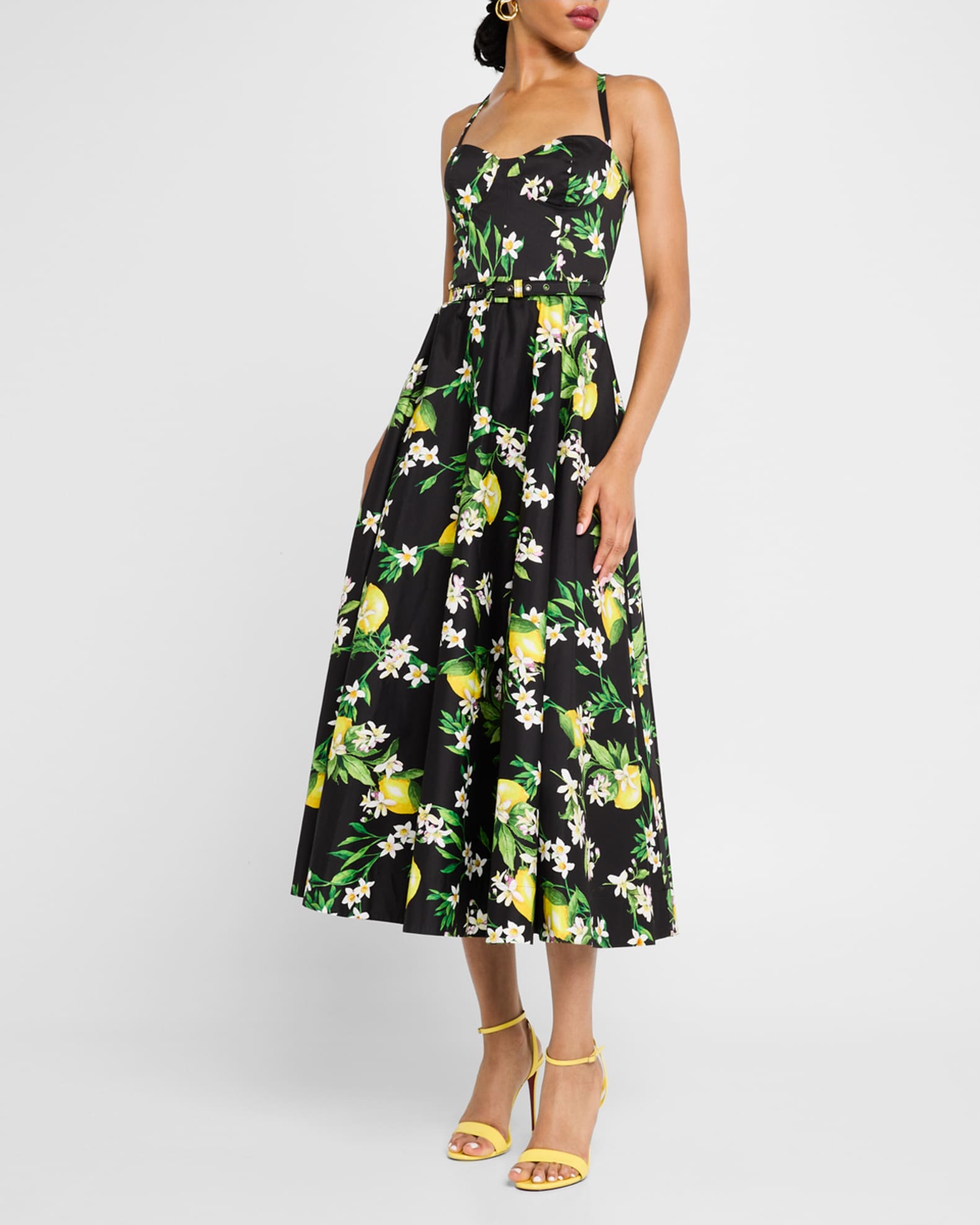 Lemon-Print Sleeveless Belted Corset Midi Dress 1