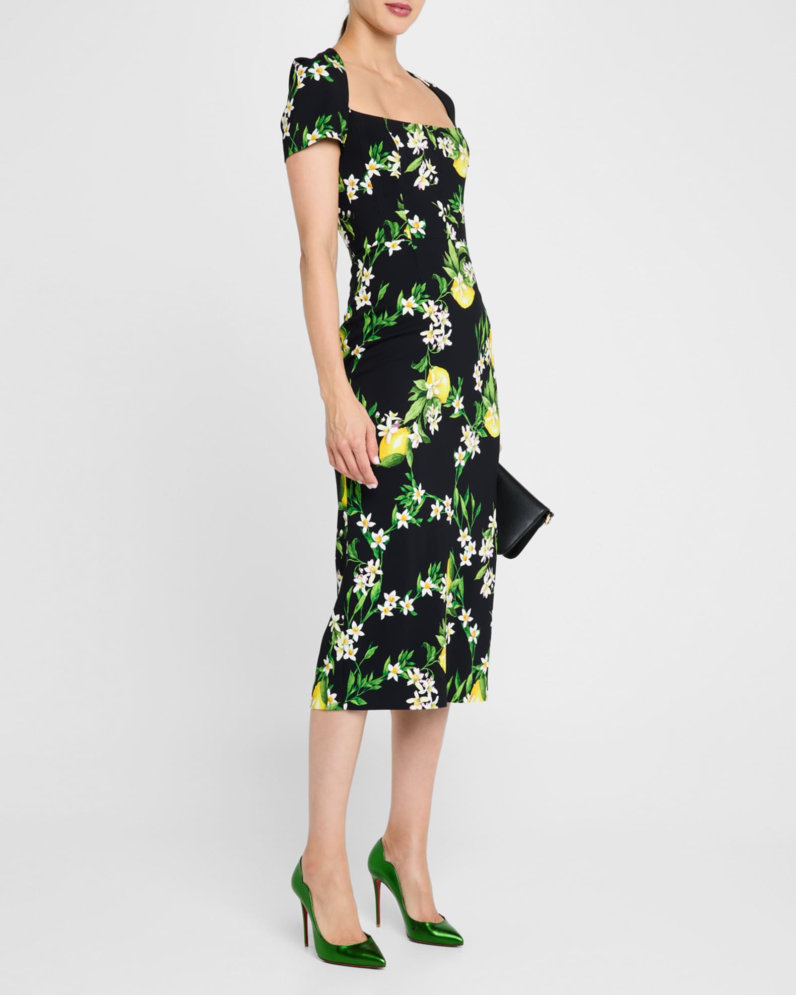 Lemon-Print Short-Sleeve Corset Midi Dress 1