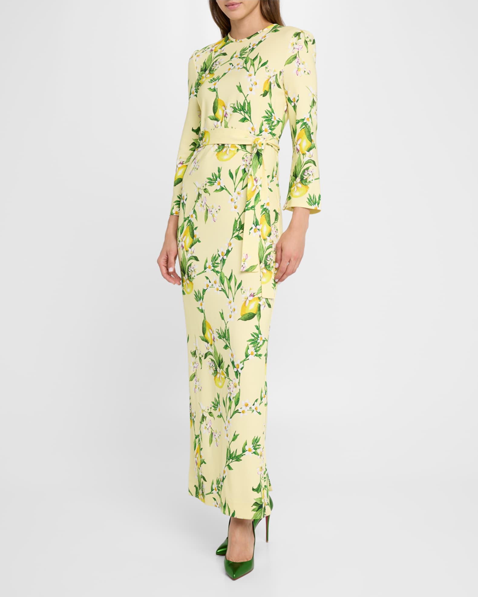 Lemon-Print Bracelet-Sleeve Sheath Maxi Dress 1