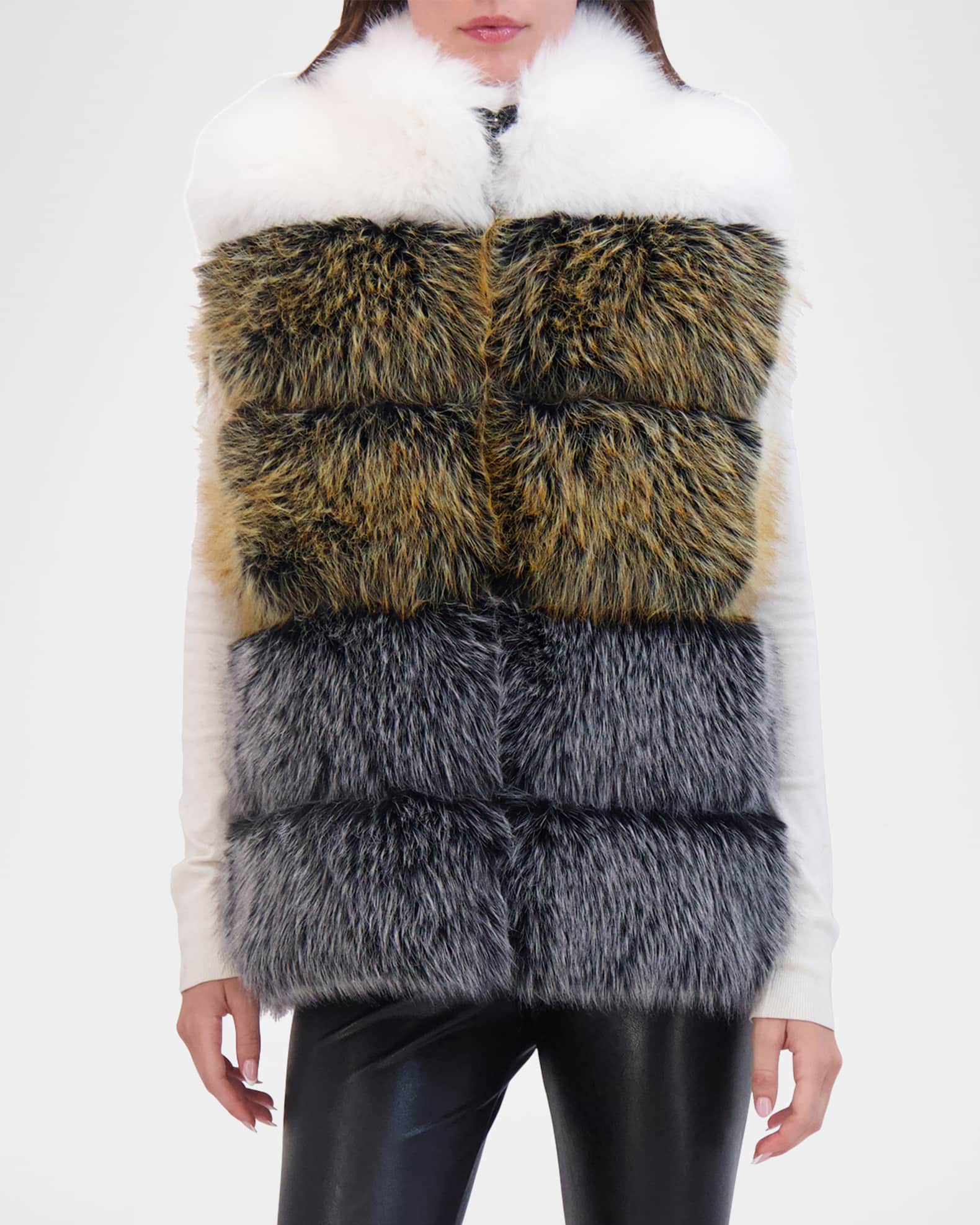 Theia Fox Like Faux Fur Vest White Gold Silver Women s L Coats Jackets Outerwear Vests