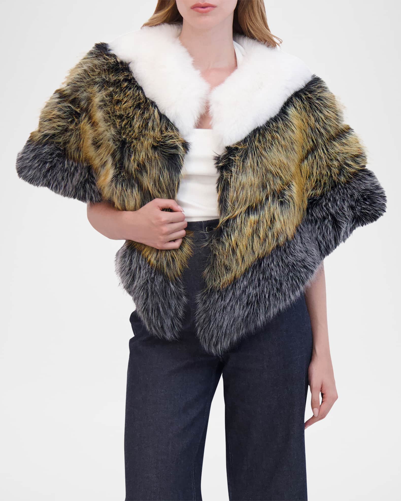 Curensology FOXカシミヤバラクラバ　モカ Theia Multicolor Chevron Fox-Like Faux Fur Cape | Neiman Marcus