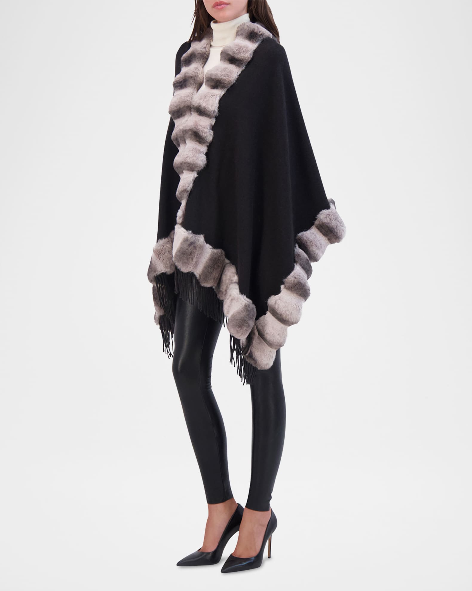 Cashmere Blend Cape W/ Chinchilla-Like Trim 1