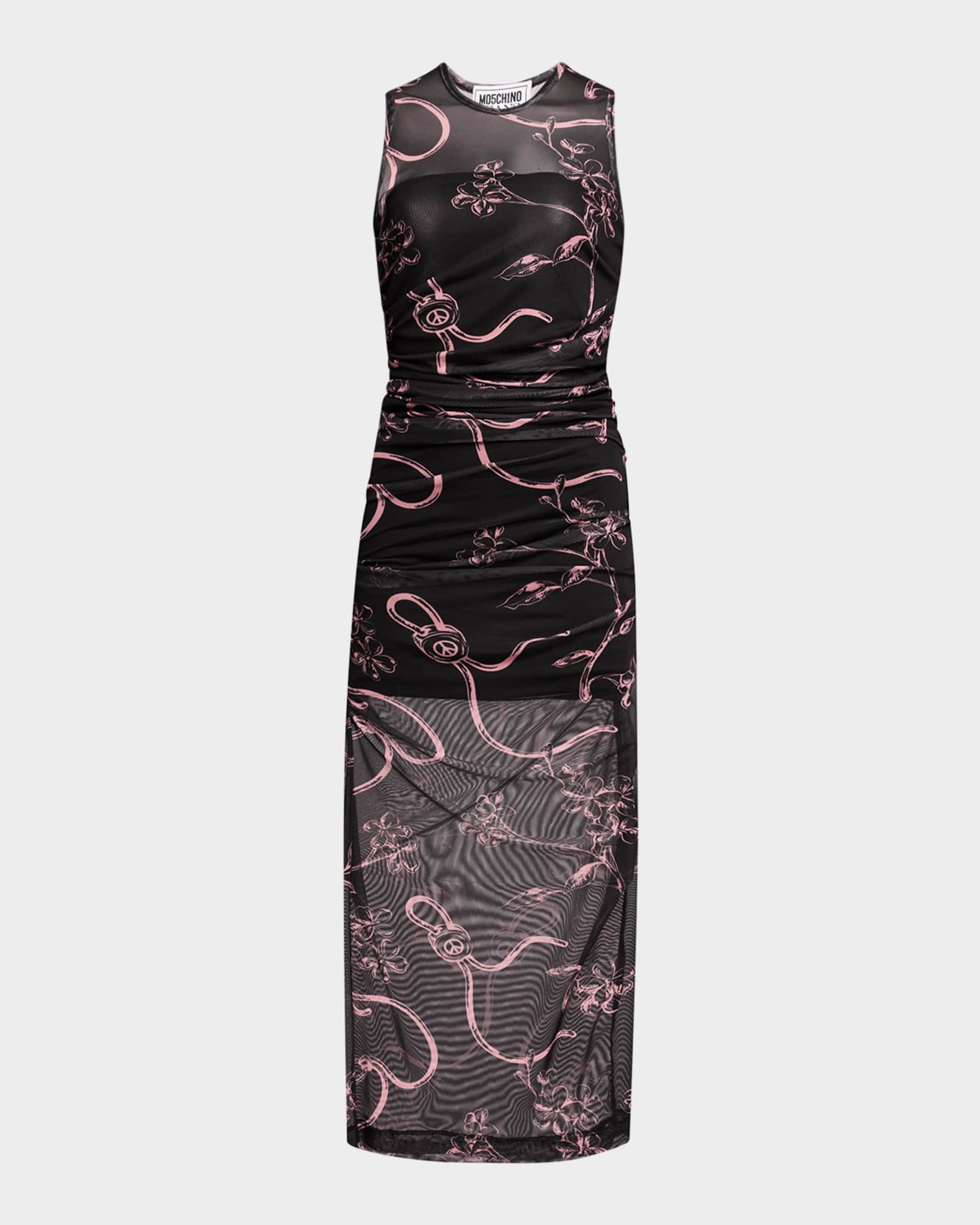Moschino Jeans Ruched Floral Tulle Midi Dress | Neiman Marcus