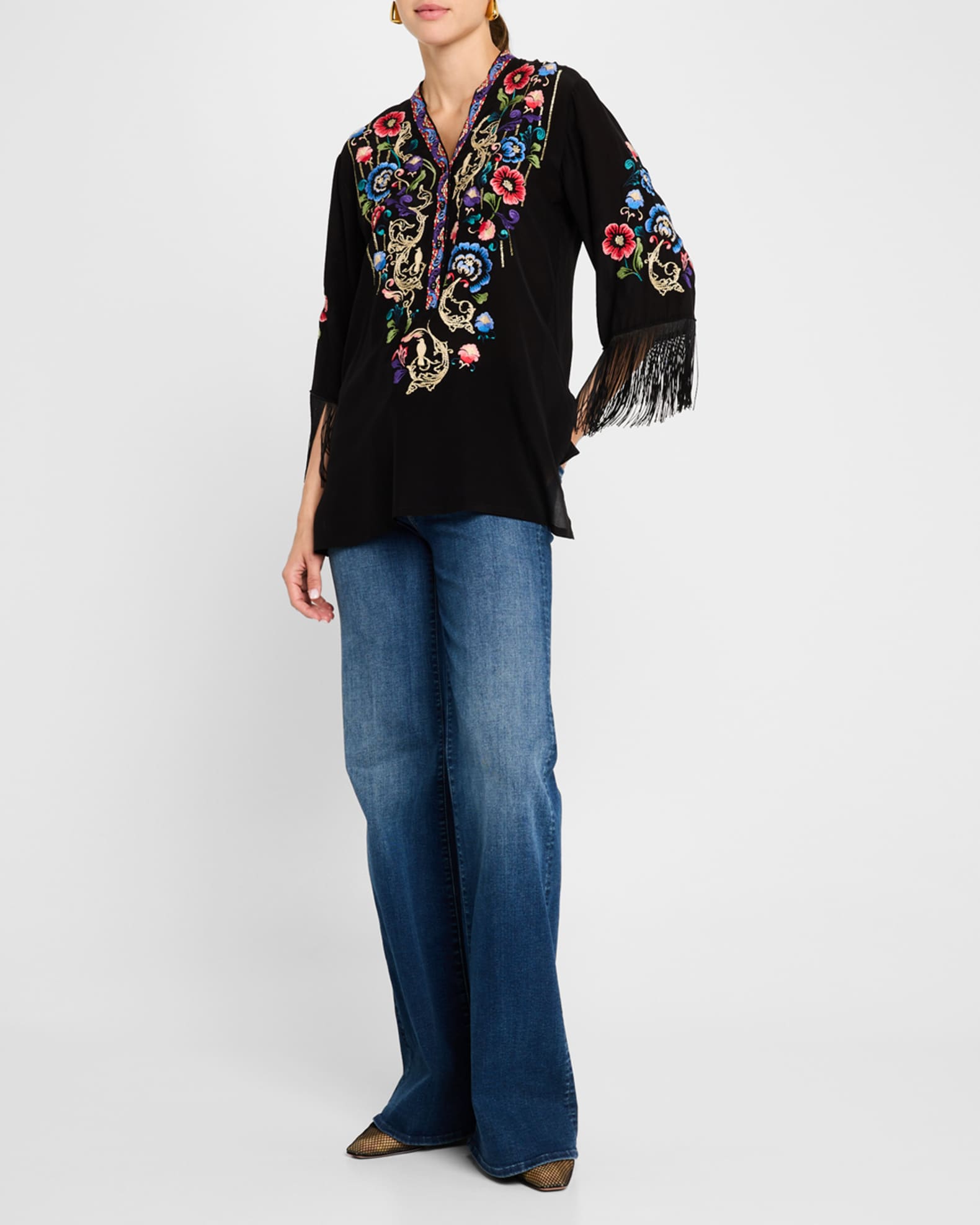 Bahia Embroidered Fringe-Trim Silk Tunic 1