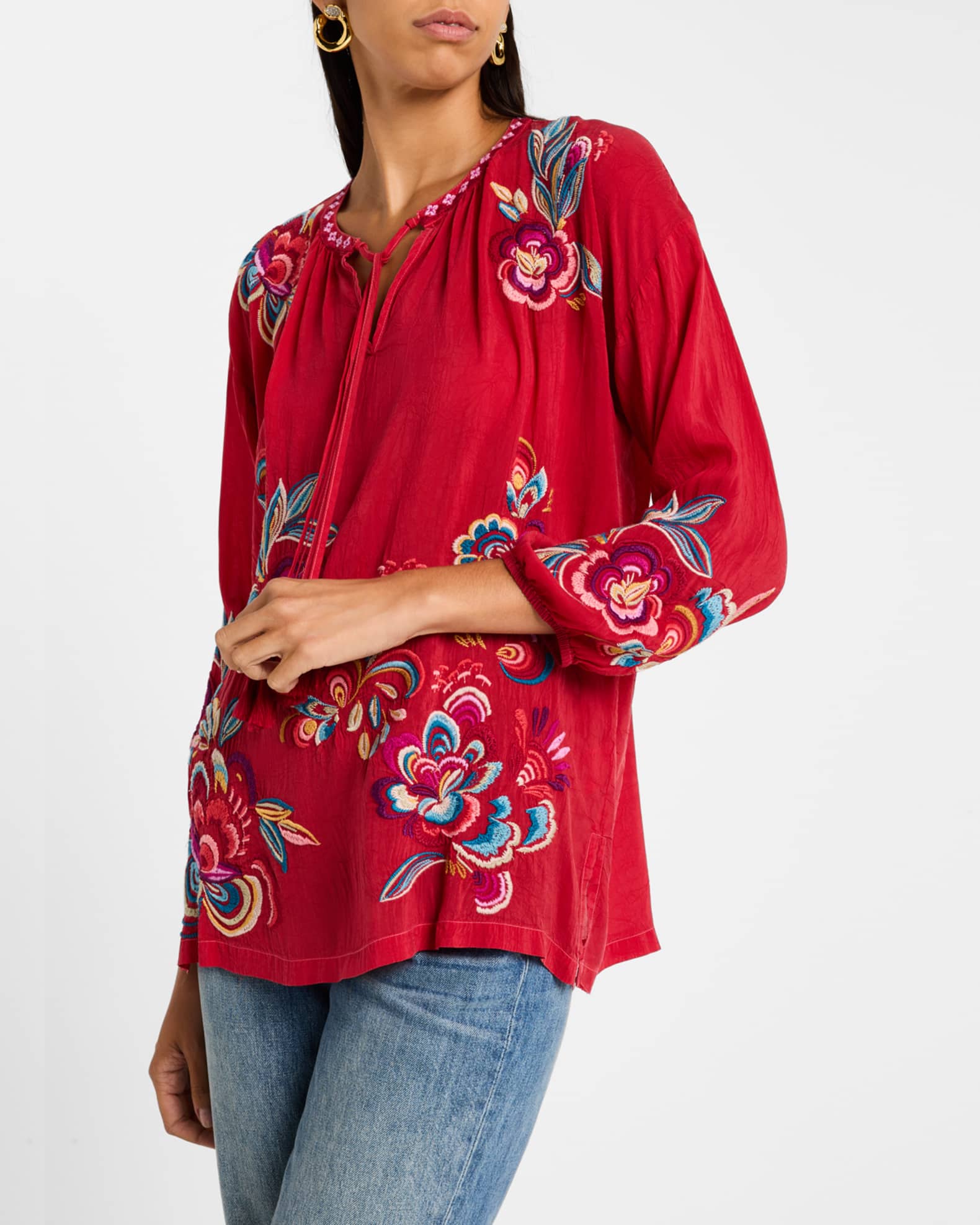 Johnny Was Zadonia Floral-Embroidered Blouse | Neiman Marcus