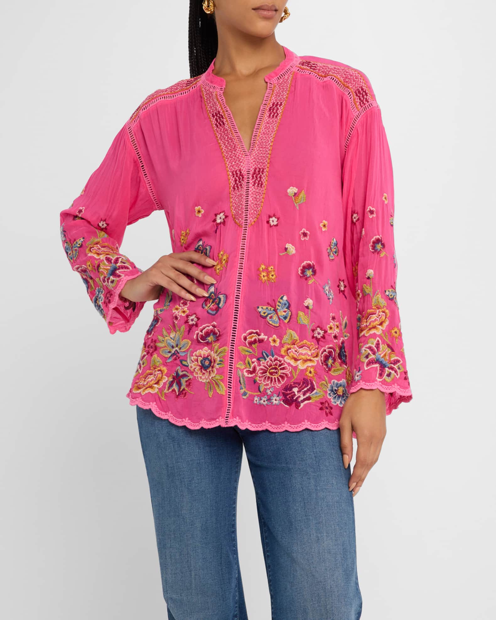Johnny Was Maude Scalloped Floral Embroidered Blouse Neiman Marcus