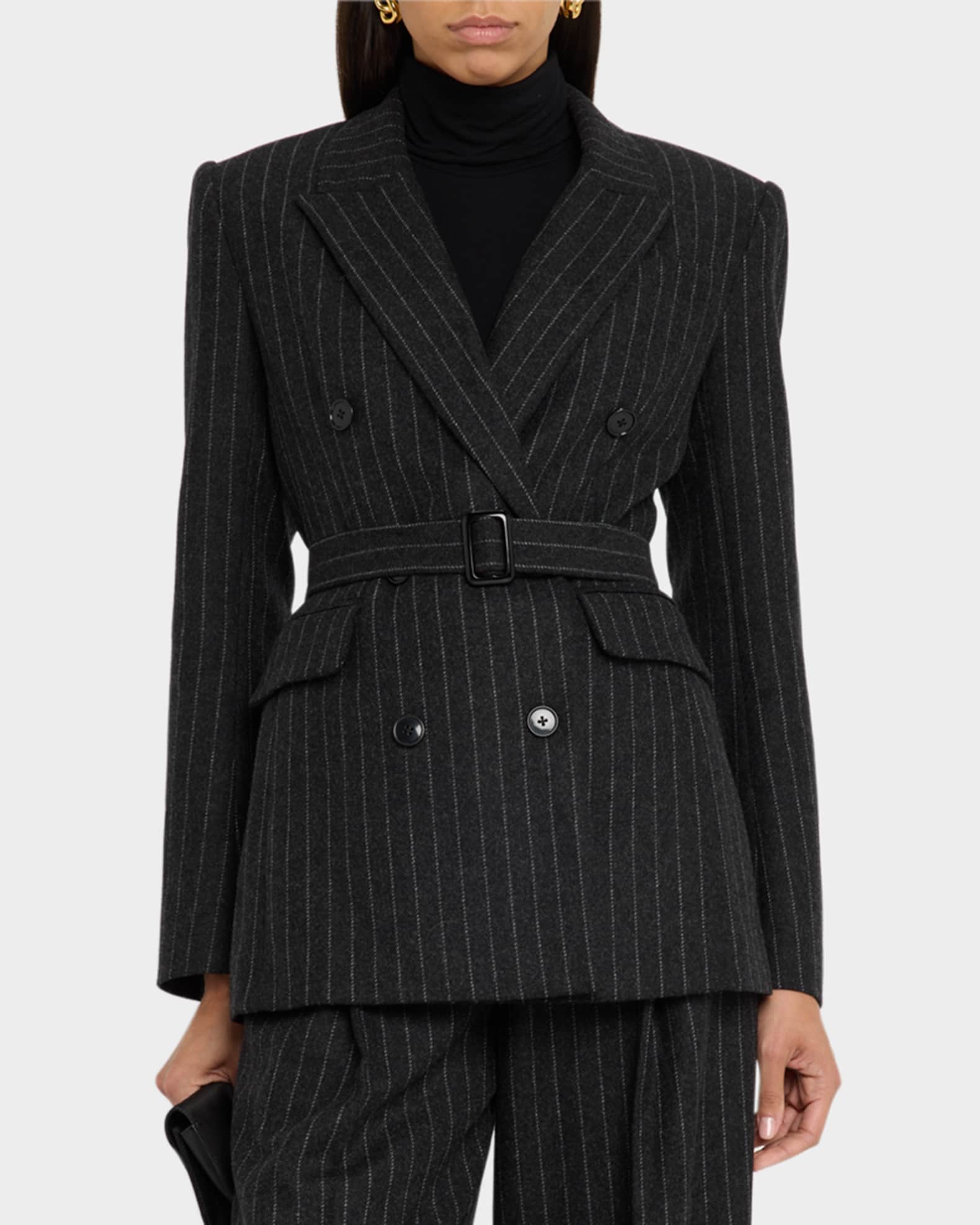 ARGENT Belted Pinstripe DoubleBreasted Blazer Neiman Marcus