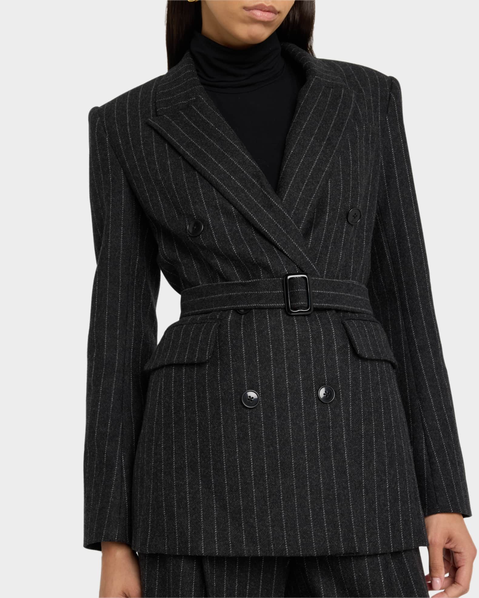 ARGENT Belted Pinstripe DoubleBreasted Blazer Neiman Marcus