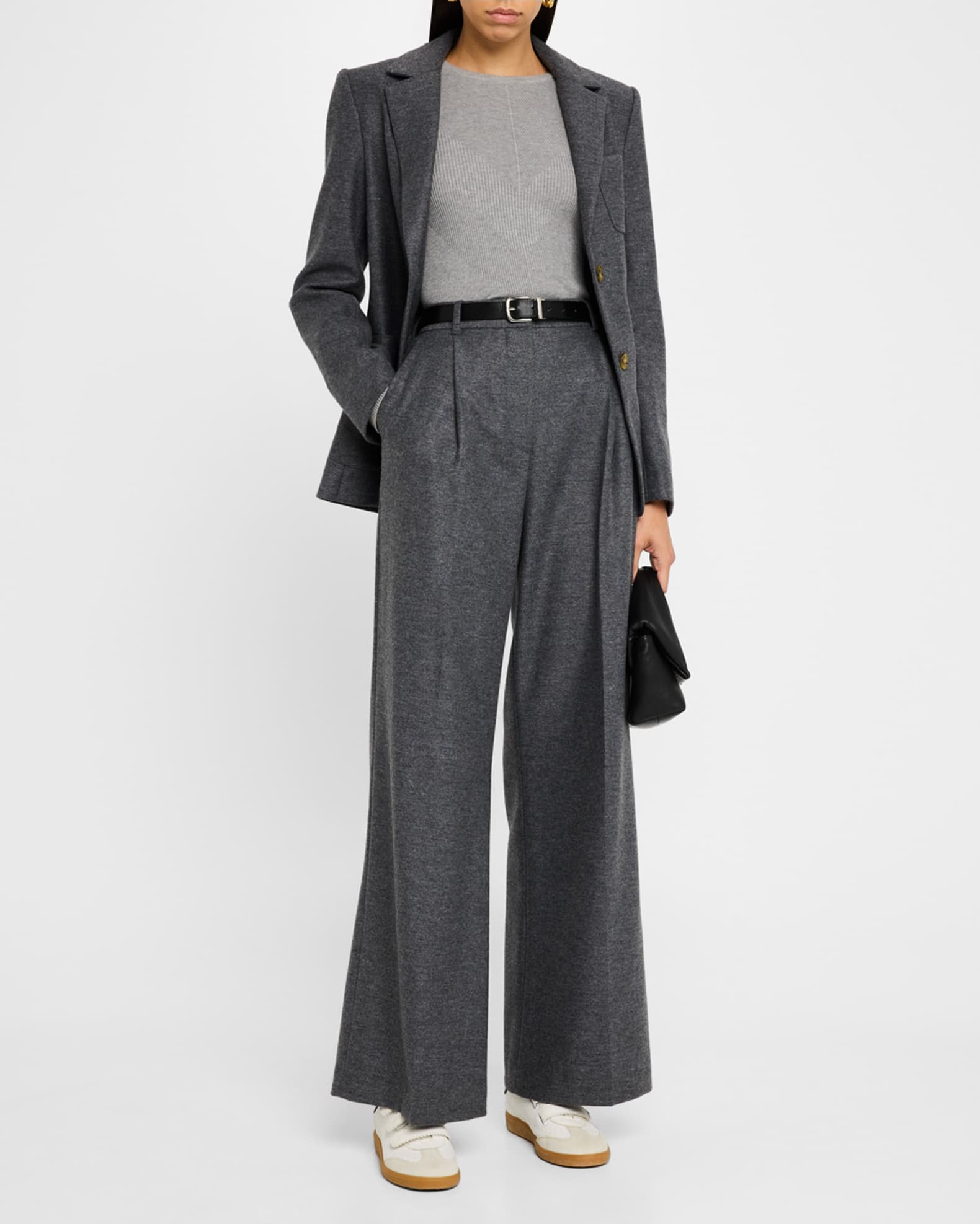 Pleated Wide-Leg Textured Wool Trousers 1
