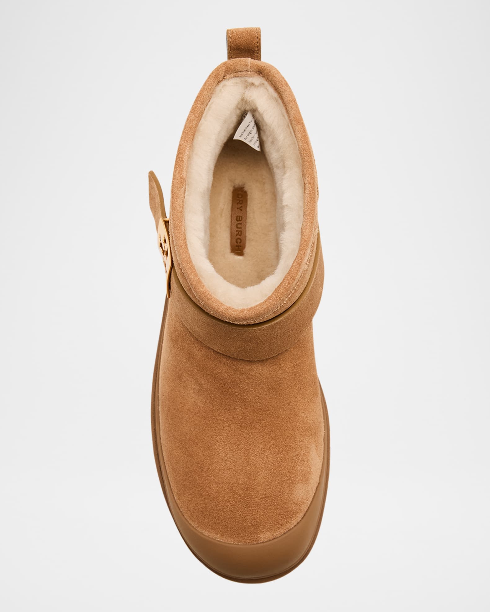 Tory Burch Mellow Suede Shearling Buckle Platform Booties