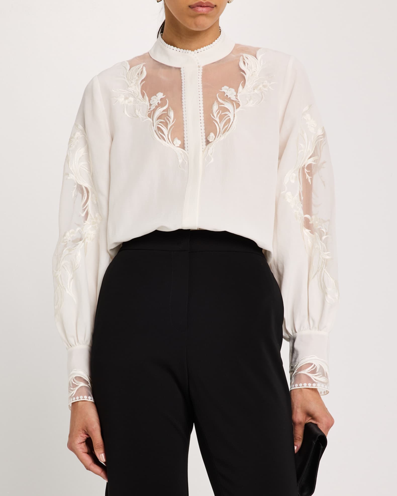 Angela Embroidered Sheer-Inset Blouse